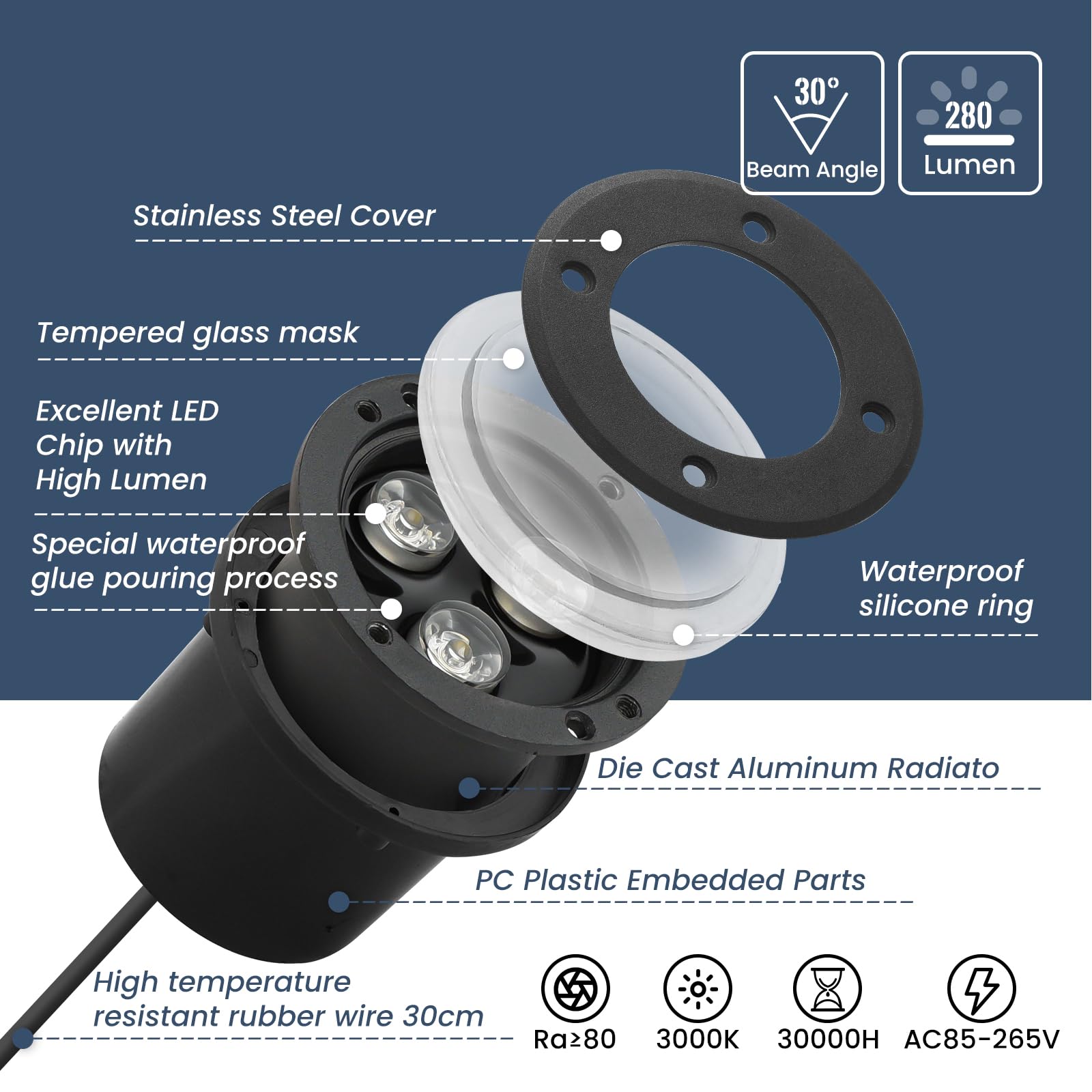 Foco Empotrable Exterior Iluminacion LED (4 unidades, 3 W, IP65, empotrable exterior, 270 lúmenes, 3000 K, foco exterior LED, empotrable, para terraza jardín, camino 220 V, redondo, negro