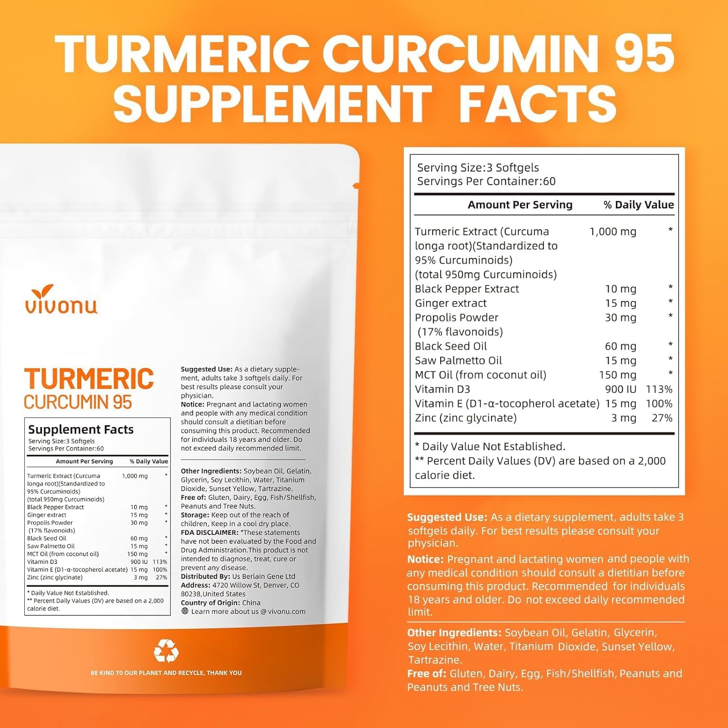 10-in-1 Turmeric Supplement Softgels, 95% Curcumin for 1000mg, Made Mct Oil, 60-Day Supply with Black Pepper, Ginger, Propolis Powder, Black Seed Oil, Saw Palmetto Oil, Zinc, Vitamin D3, E & More - Image 7