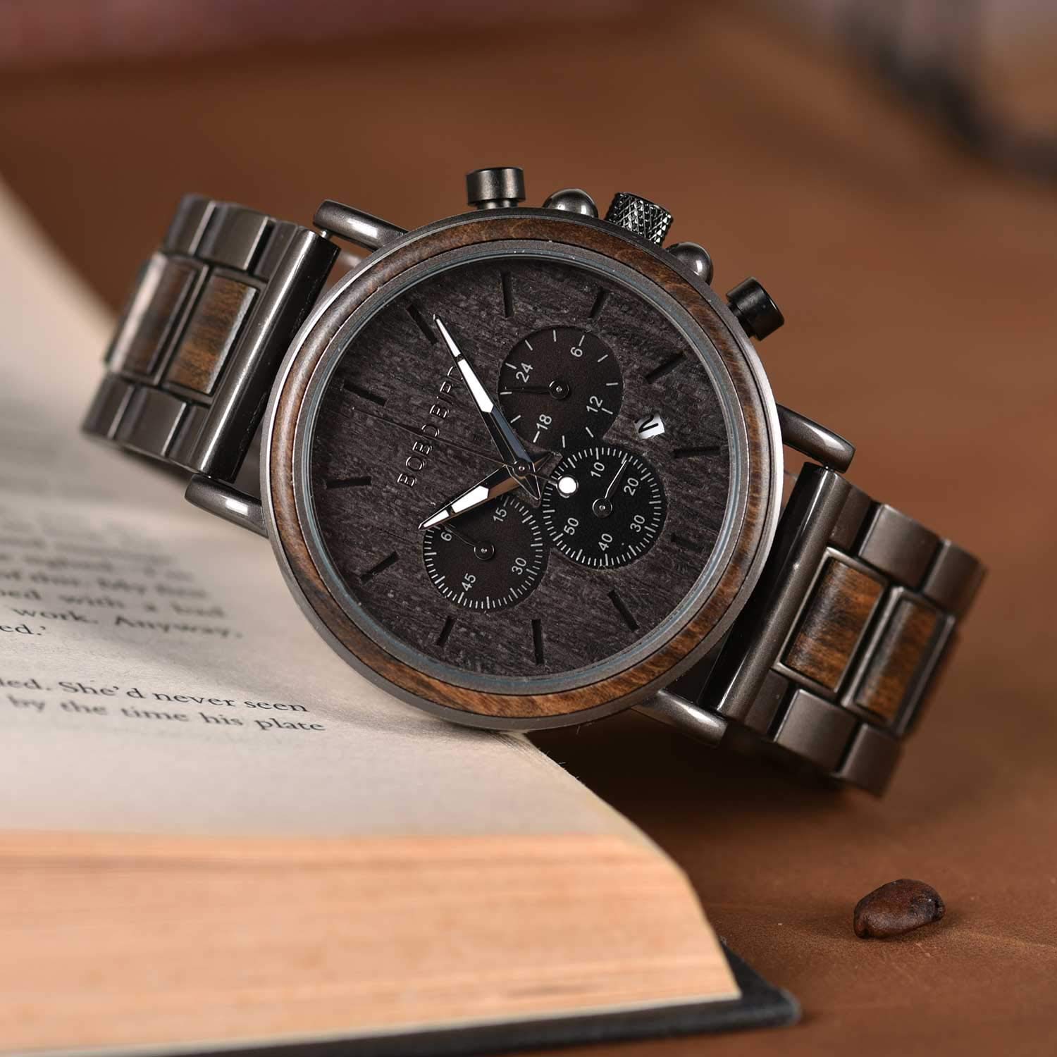 BOBO BIRD Herren-Armbanduhr, aus Holz, stilvoll, aus Ebenholz und Edelstahl, kombiniert, Chronograph