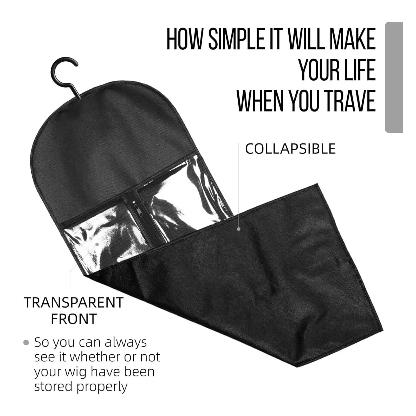 PerüCken Aufbewahrungsbeutel Haarverlängerungshalter, Perücken-Aufbewahrungstasche mit Aufhänger, Haarteile, Pferdeschwanz-Bündel, Aufbewahrungstasche for Reisen im Store Style Hair(Black-3pcs)