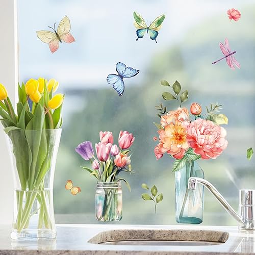 Miniatura 3 de Whaline 9 hojas de primavera y verano para ventana, florero de acuarela, mariposa, decoración estética de ventana floral de temporada para el hogar,