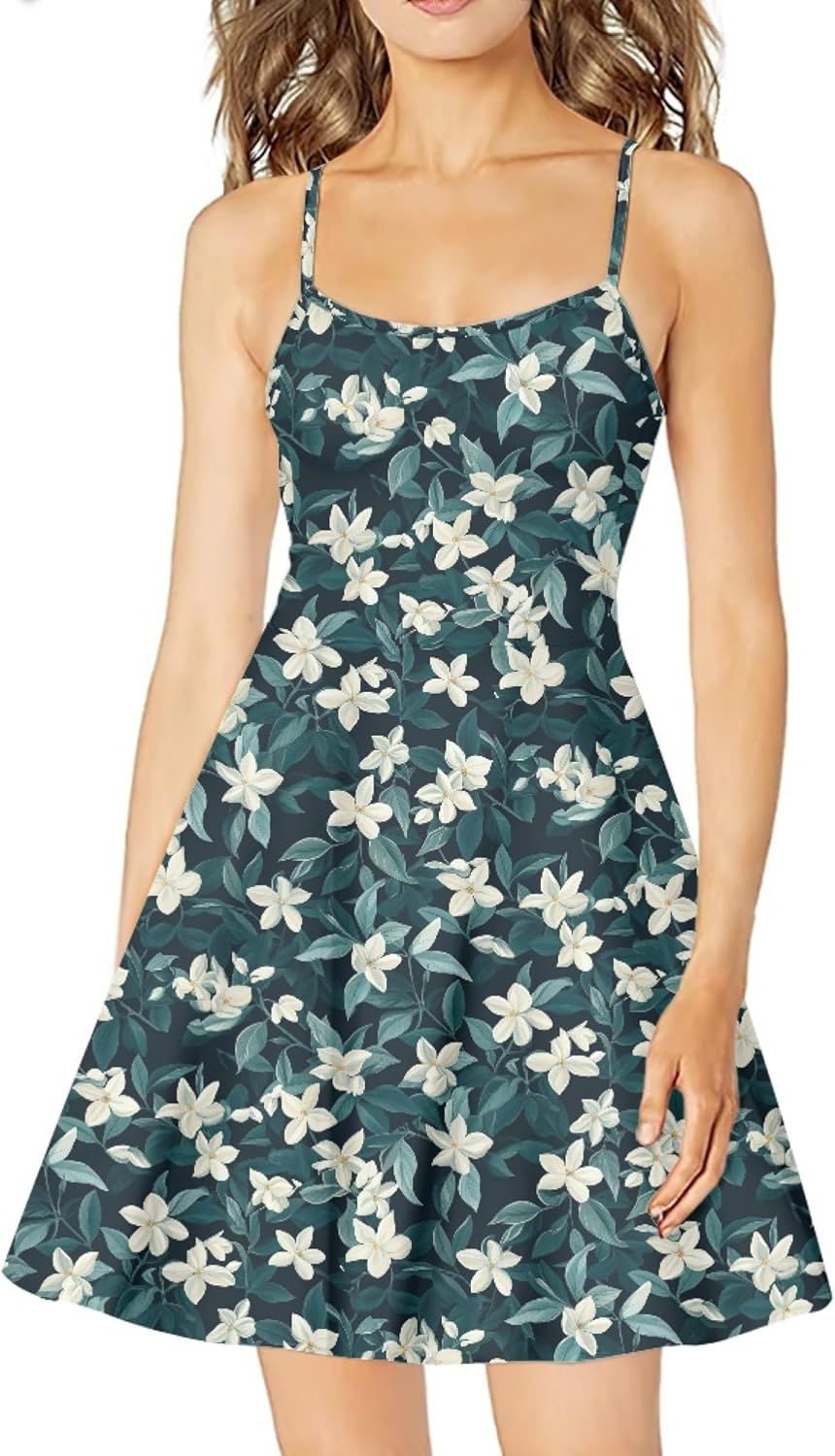 Womens Sundresses Spaghetti Strap Floral A Line Empire Waist Summer Fashion Hawaiian Cute Boho Casual Mini Dress - Image 5