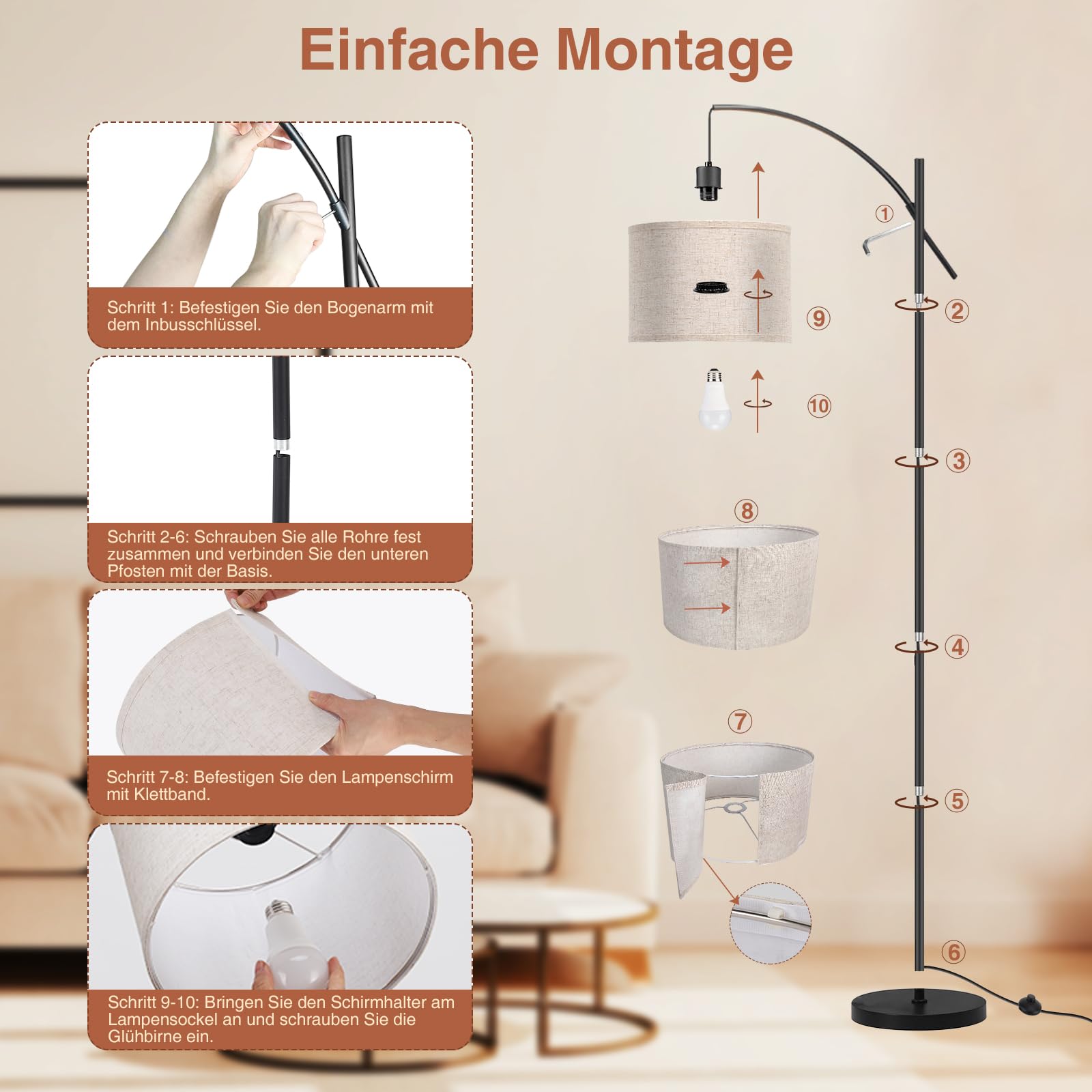 FIMEI Bogen-Stehlampe fürs Wohnzimmer, 187.4cm, dimmbare LED, stufenlos einstellbare Farbtemperatur, hohe Stehleuchte mit Trommelschirm, Fernbedienung, 9W LED-Birne, ideal für Lesen, Schlafzimmer