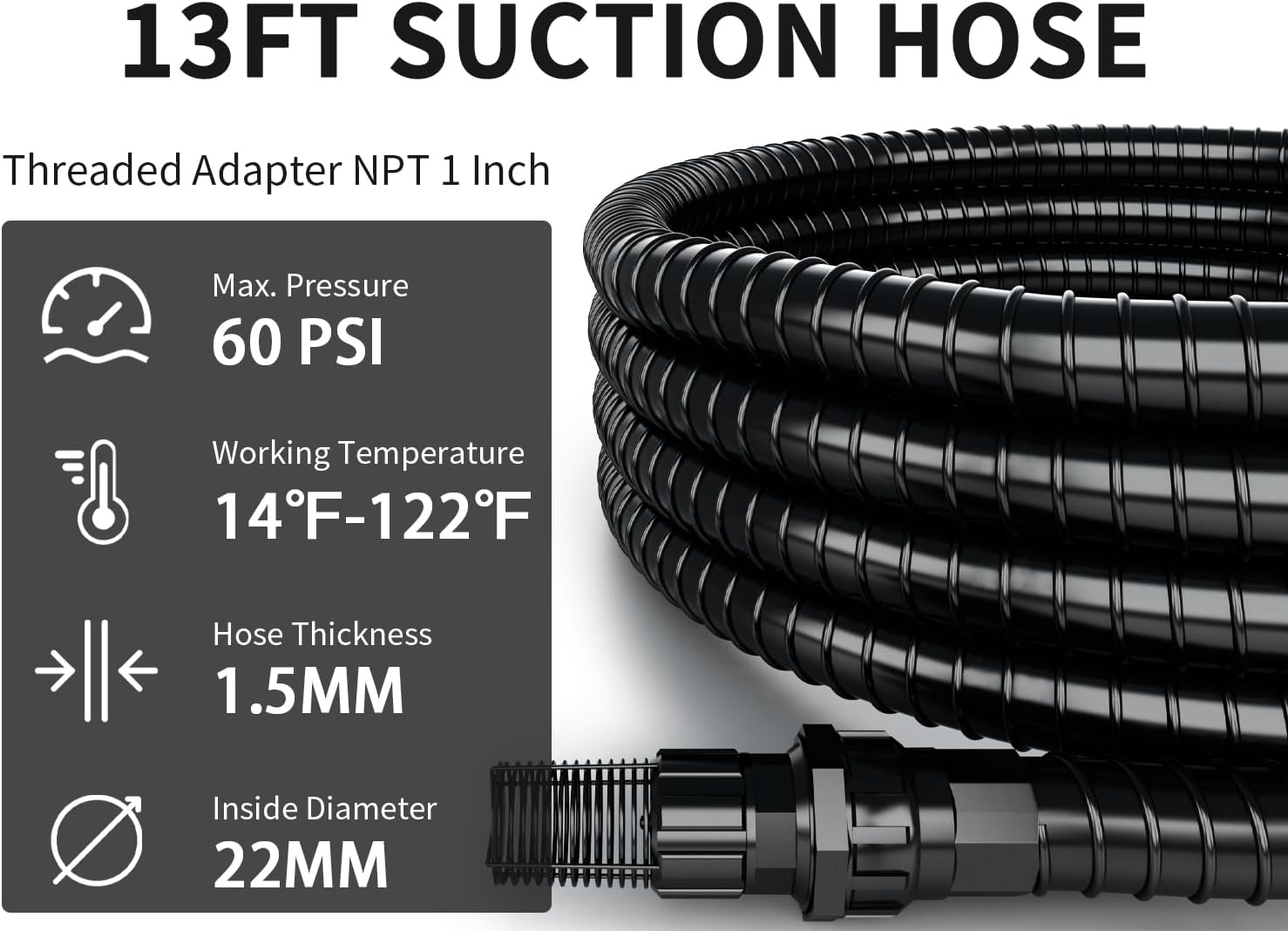 FOTING 1" Suction Hose Kit with Check Valve, PVC Water Intake Hose Set, Flexible Tubing Easy to Install for Water Pump Well Sprinkler Garden Booster Pump, All-in-One NPT 1-inch Thread Adapter, 13FT