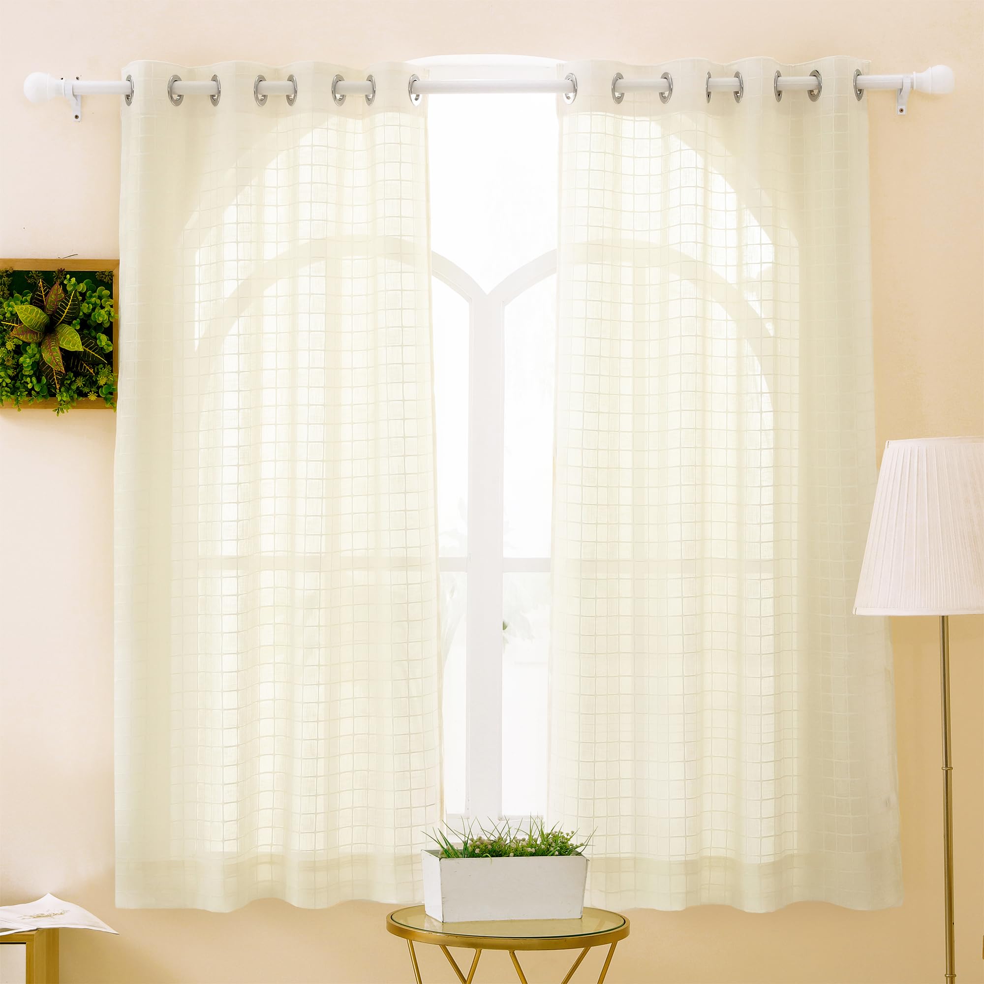Story@Home Cotton Window Curtains 5 Feet Long Set of 1 | Checkered Print | Semi Transparent Curtain | Net Curtains | Sheer Curtain for Living Room | (118 X 152 Cm, Off White) | Perfect for Home Decor
