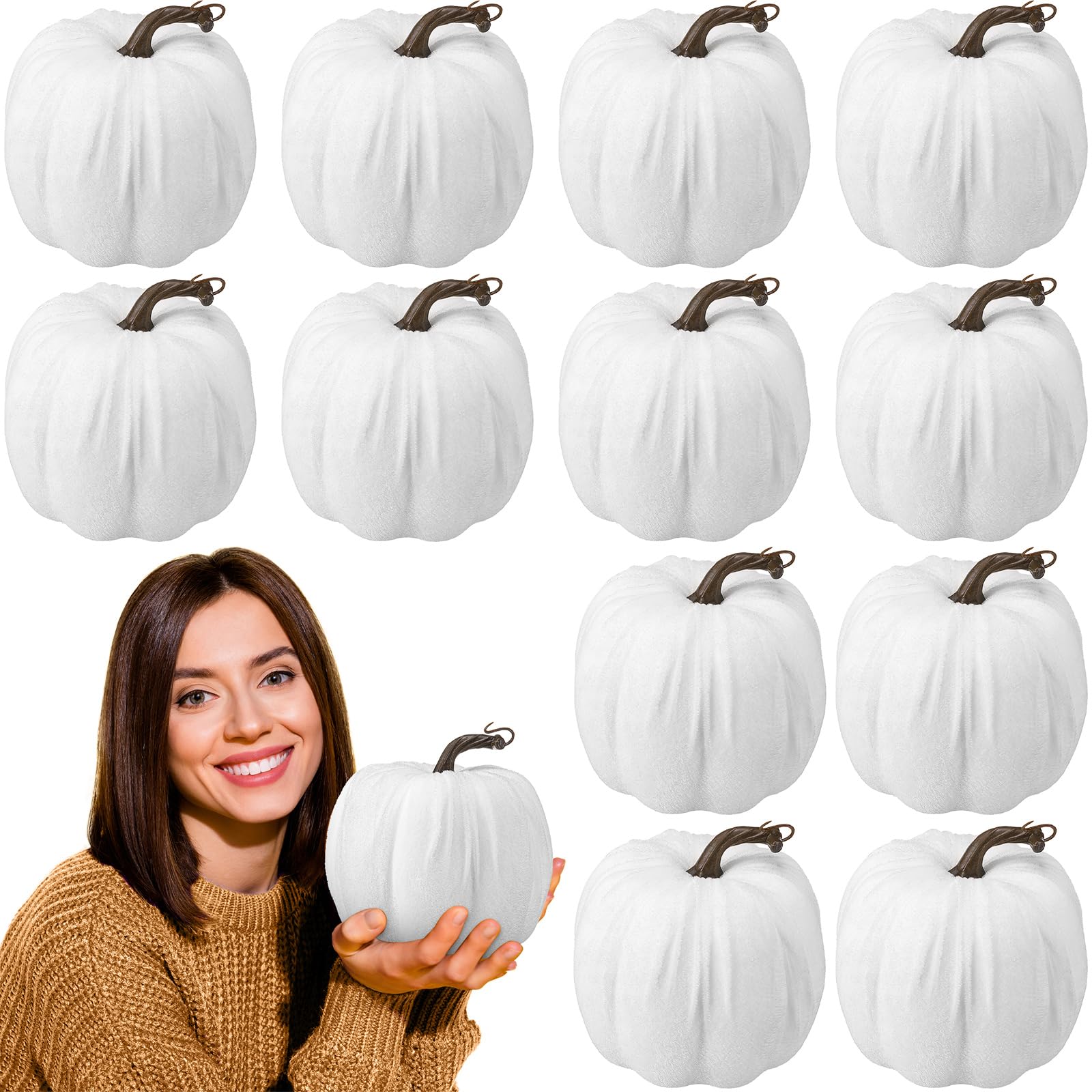 12 pcs 6 inches large pumpkins for decorating big artificial foam pumpkins fall decoration velvet pumpkin table decor for autumn fall thanksgiving halloween decor(white)