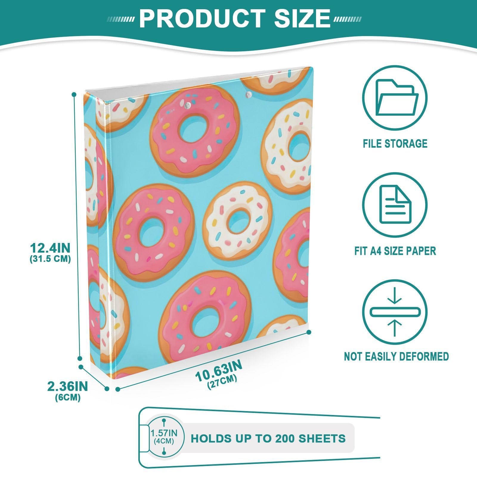 Carpeta de tres anillos con diseño de donas coloridas, color rosa, blanco y azul, carpeta de anillos en D, paquete de 2 | Con portapapeles y bolsillos, para escuela, universidad, oficina