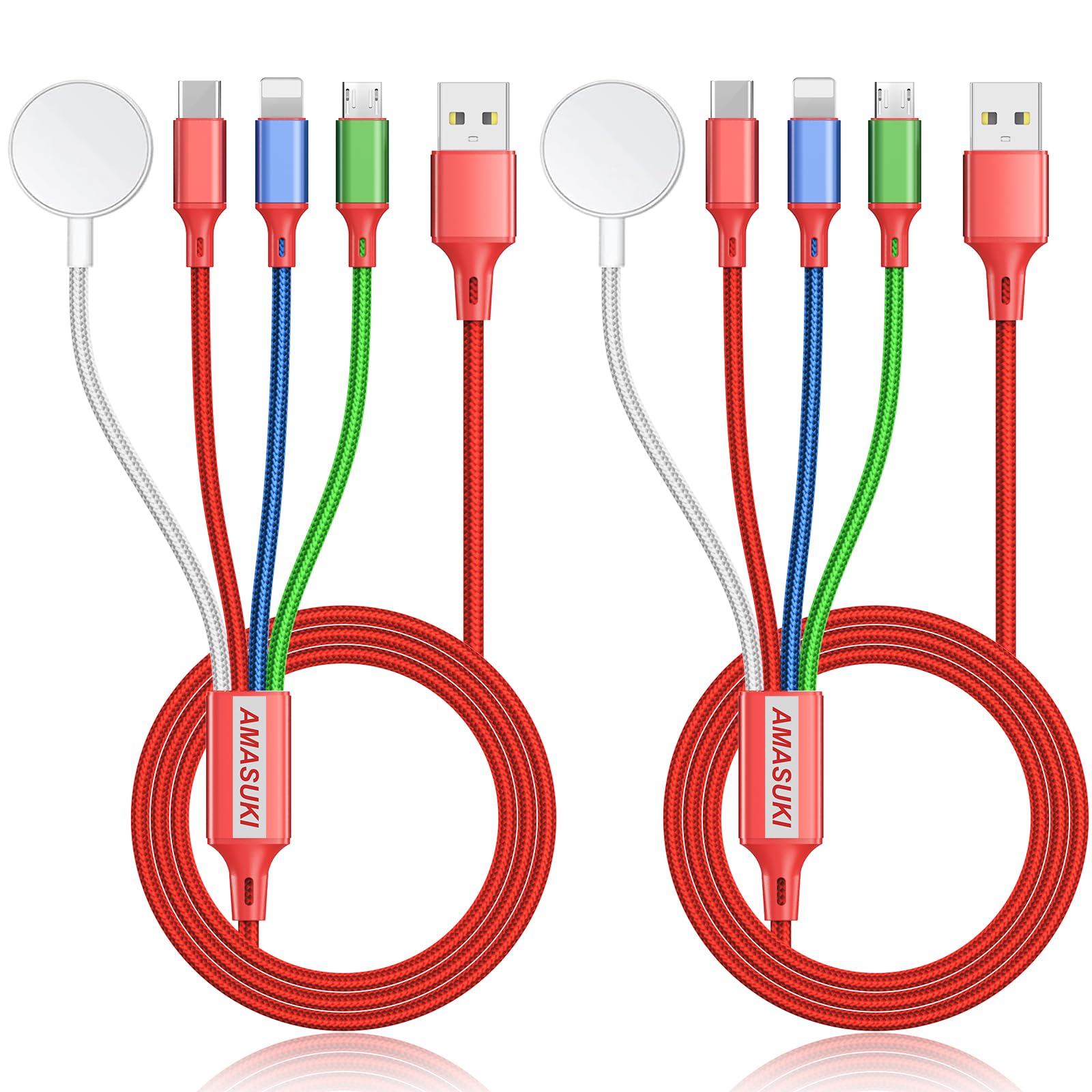 2Pack Multi Charging Cable for Apple Watch Charger 4 in 1 Travel Essentials RV Camping Essentials USB C/L/Micro Compatible with iWatch Series 11-1/iPhone 17/16/15/Android Airplane Gadgets-4FT/Red
