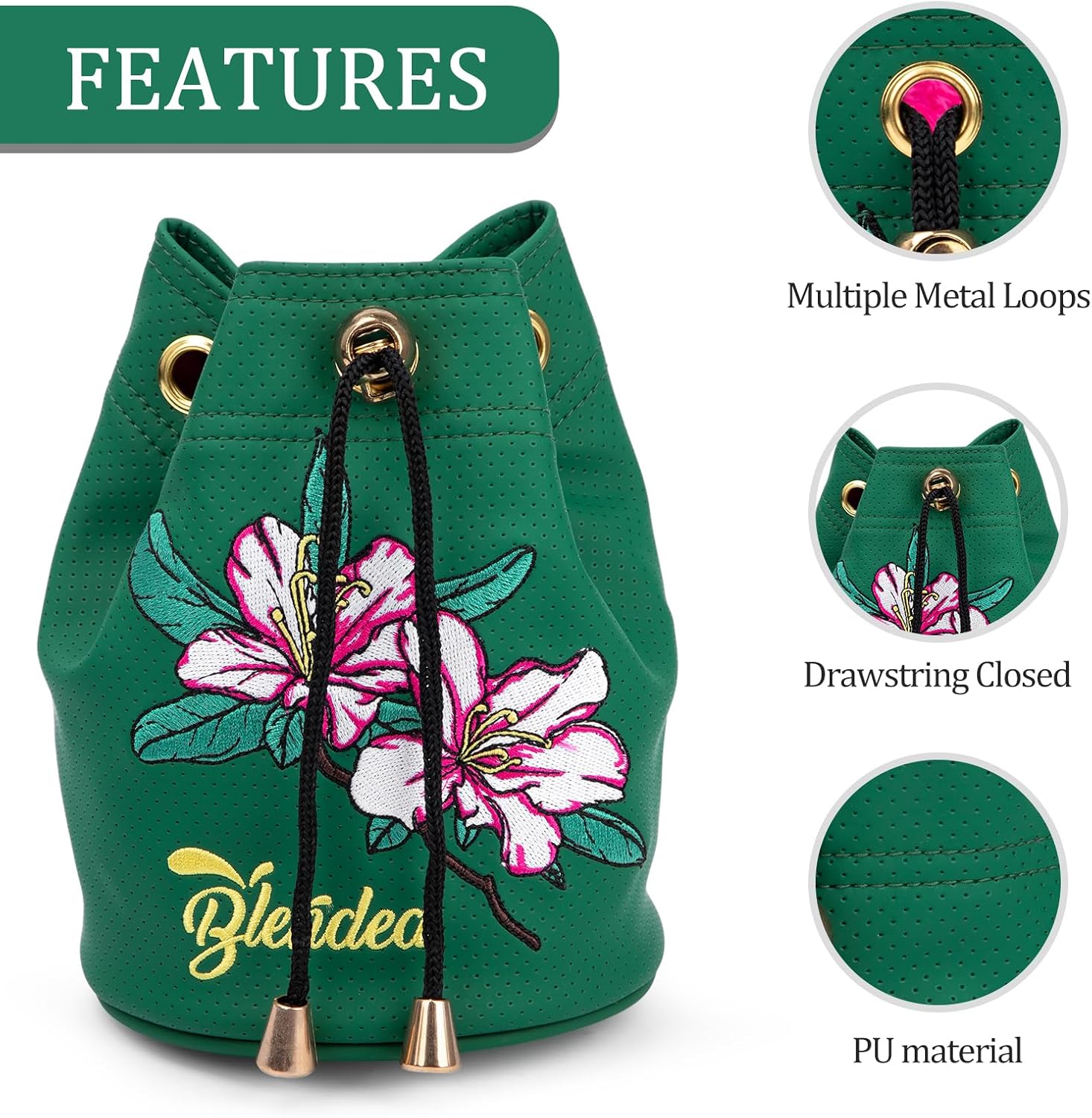 Golf Valuables Pouch,Bucket Waist Design Golf Pouch Bag Azalea Embroidery Tee Bag with Drawstrings Leather for Men Women
