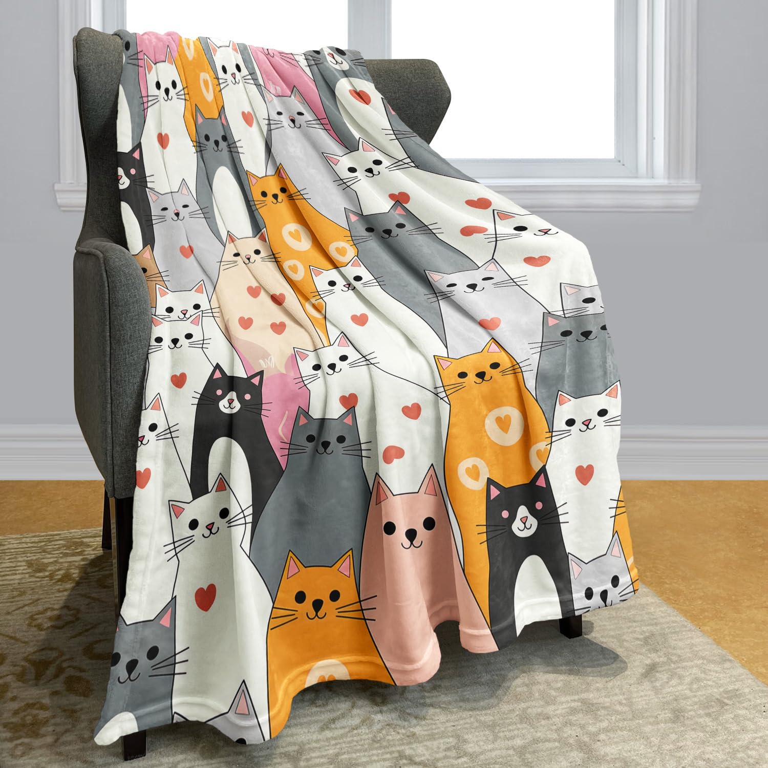 YISUMEI Kuscheldecke mit Cartoon Katzen mit Herzen, Super weiches Fleece, Überwurfdecke für Bettwäsche Couch Sofa, Schlafzimmer Wohnzimmer, Dekoration Decke, 150x200cm