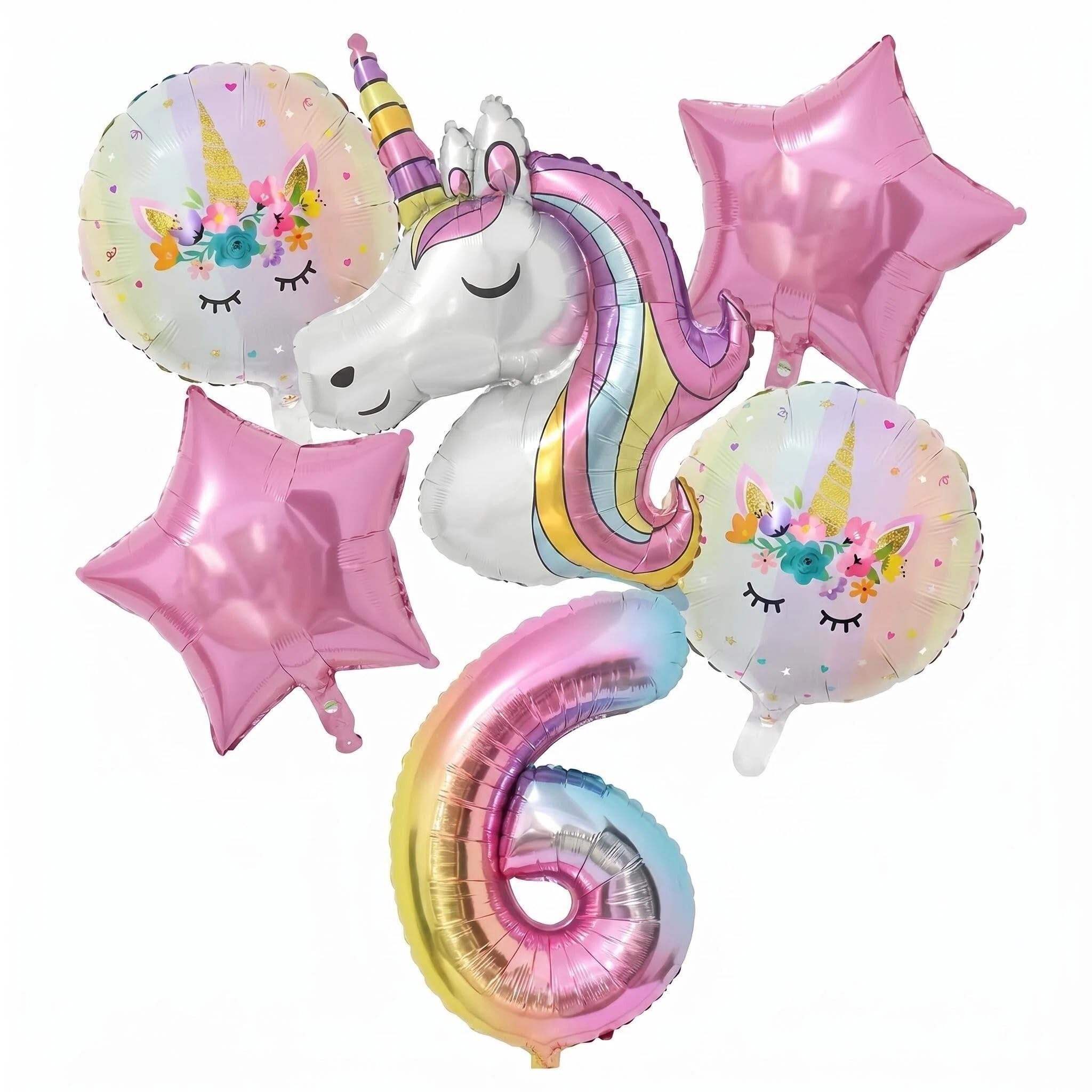 6PCS Unicorn Balloons Set, Self Standing 3D Unicorn, Large Number 6, Star Foil Balloons for Girls 6th Birthday Party Decorations Kit, Purple Pink Rainbow Theme (Number 6)