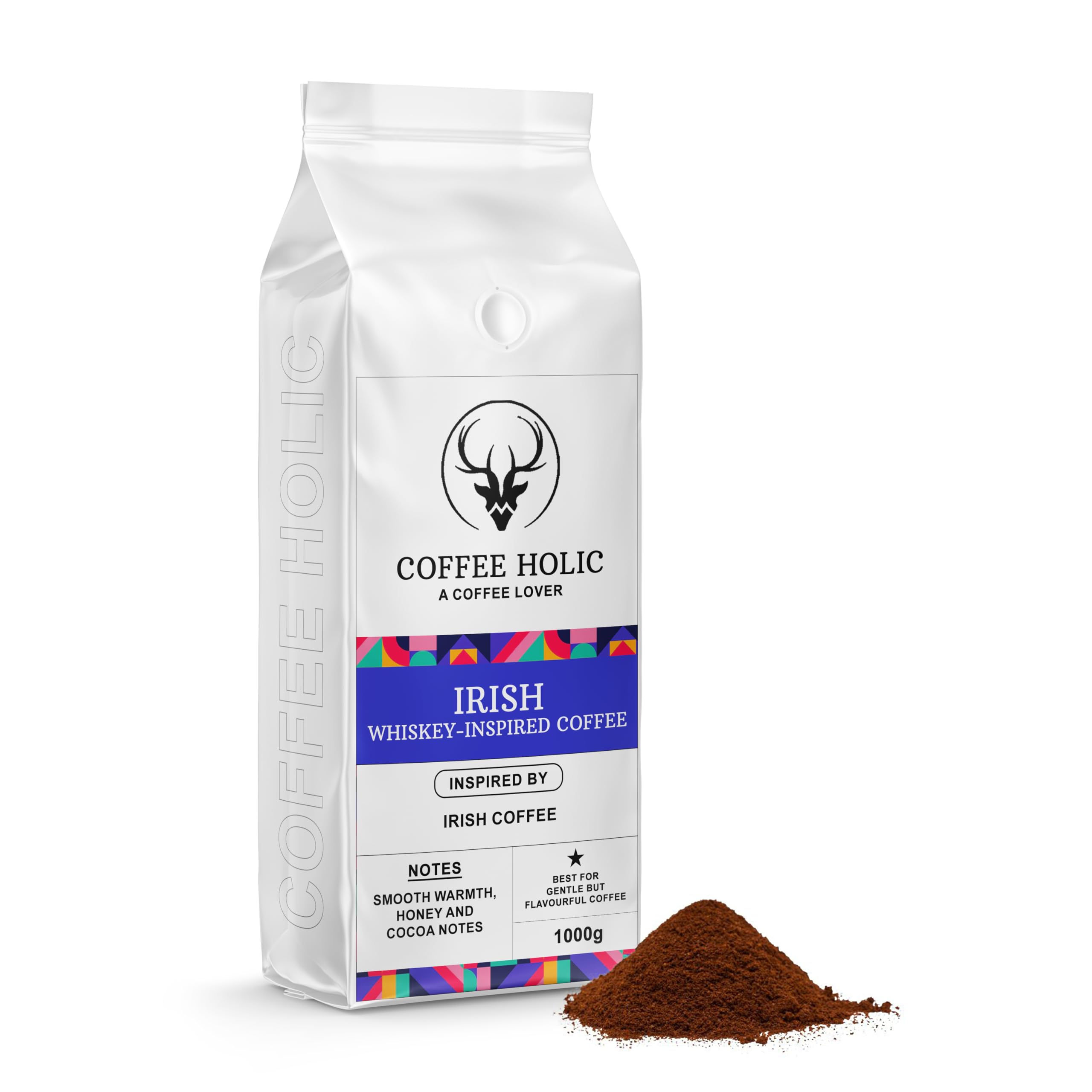 Blue Irish Whiskey Inspired Ground Coffee 1kg, Medium Roast Ground Coffee with Honey & Cocoa Notes, Smooth Flavourful Coffee for Cafetiere, Espresso Machines & Moka Pot