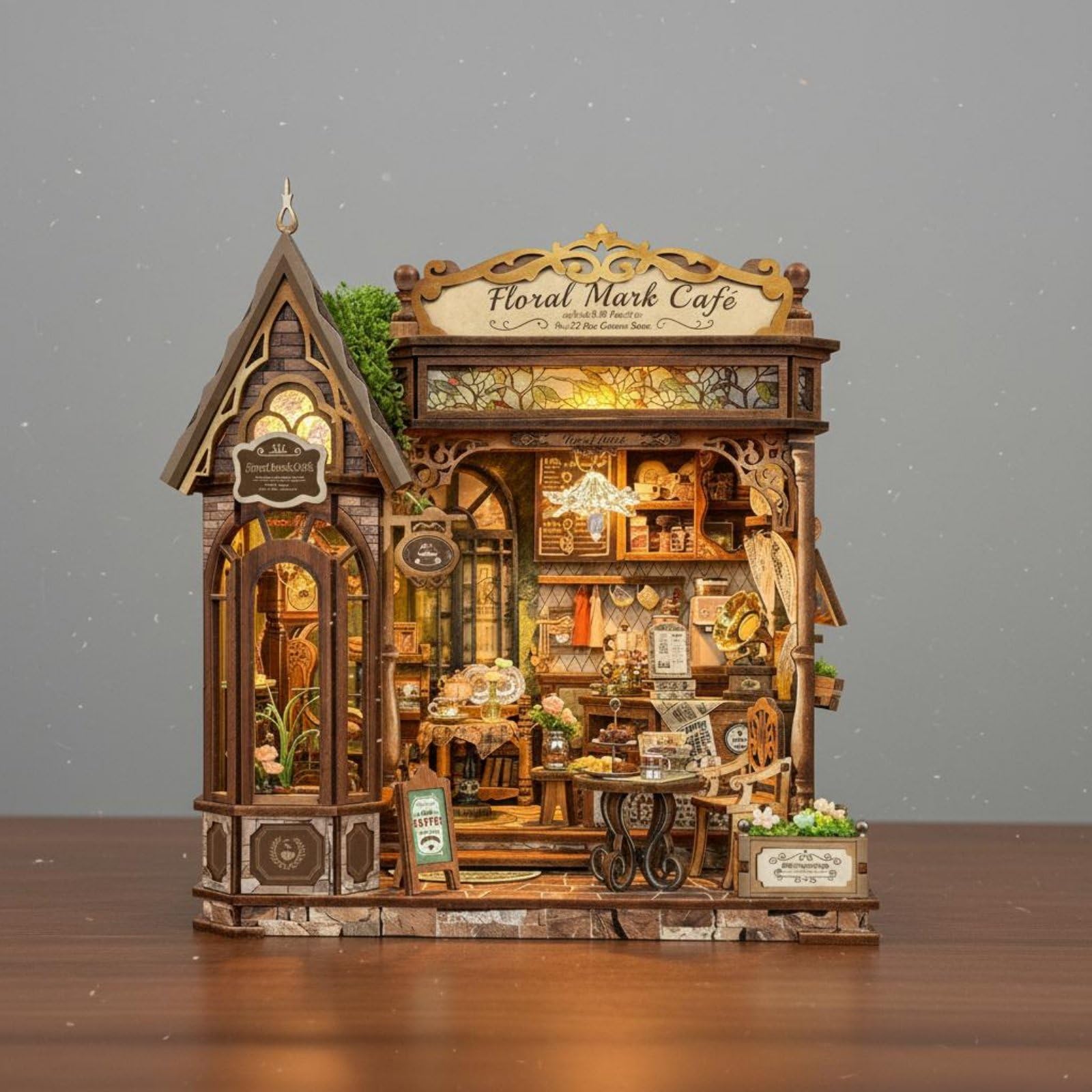 Milageto DIY Miniature House Miniaturhaus Bausatz Puppenhaus Holzbausatz Kaffeehaus Modell mit Sitzbereich Tresen Und Deko für Kreative für Erwachsene Büro Vitrine Zuhause