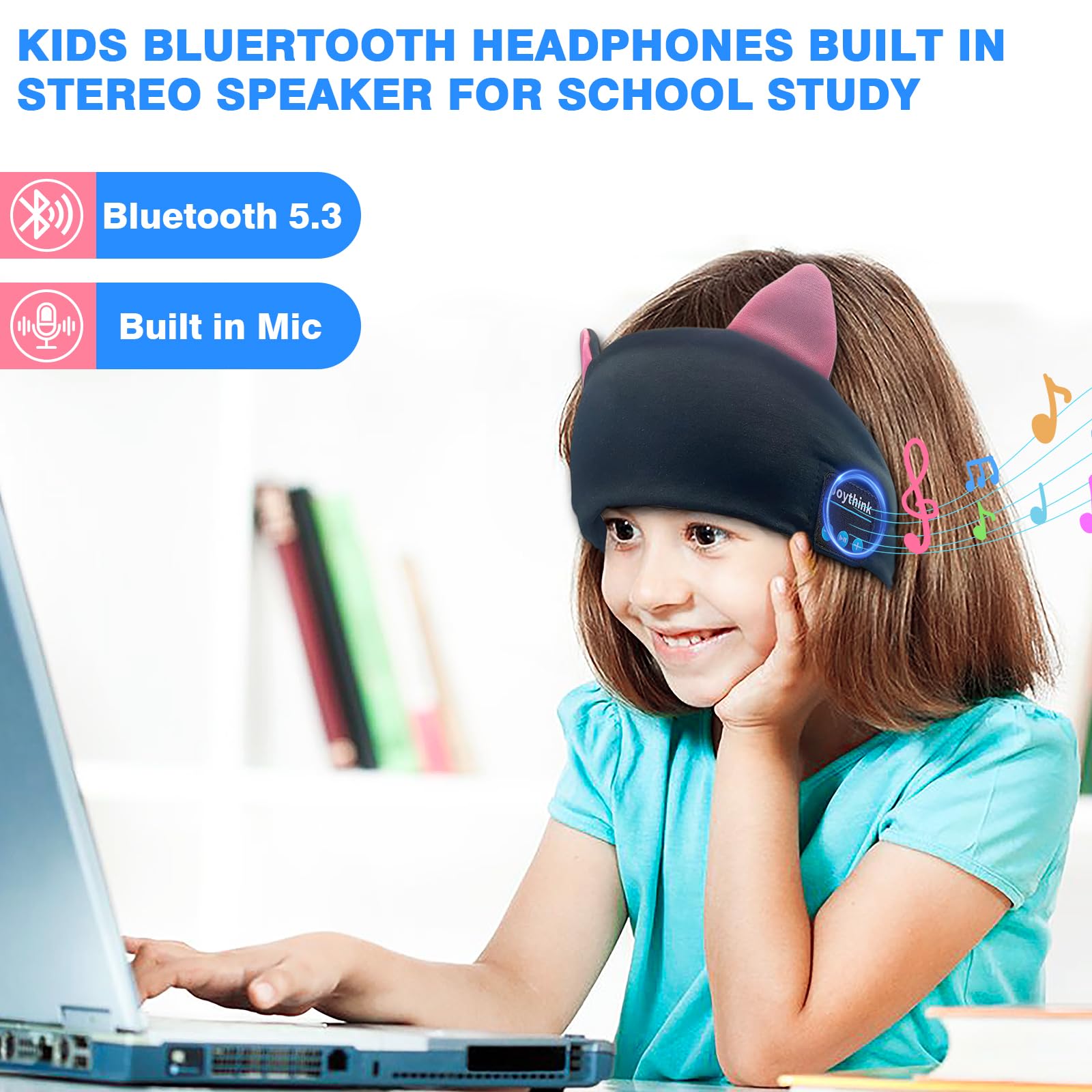 Joythink Diadema Bluetooth para niños, máscara para dormir, auriculares inalámbricos, altavoz delgado integrado, auriculares deportivos ajustables, diadema para dormir para niñas y niños, avión,
