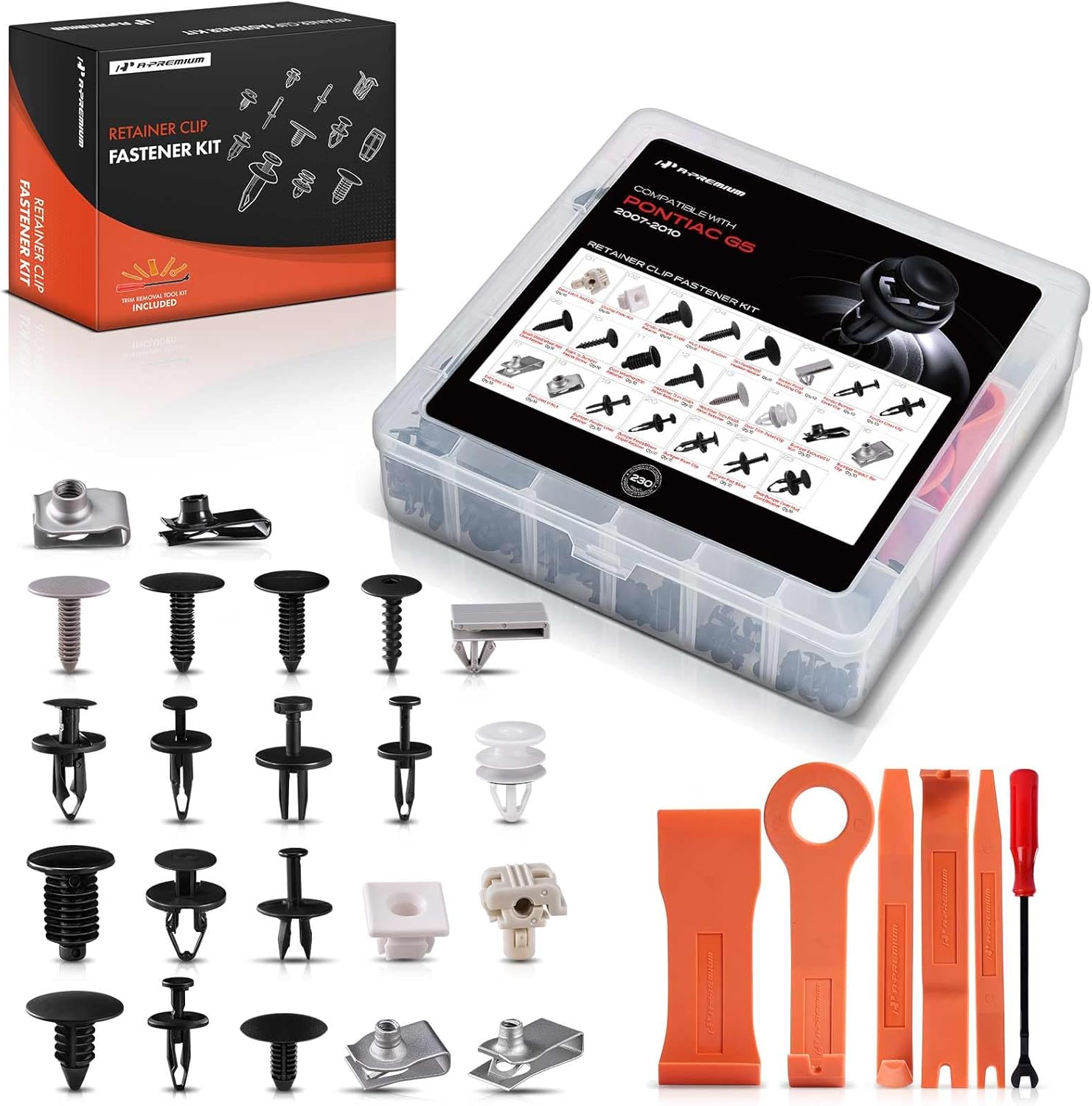 A-Premium 230 PCS 23 Sizes Car Retainer Clip Kit Compatible with Pontiac G5 2007-2010, Bumper Fender Door Weatherstrip Auto Push Pin Plastic Rivet Fastener Replacement Set, w/Removal Tool