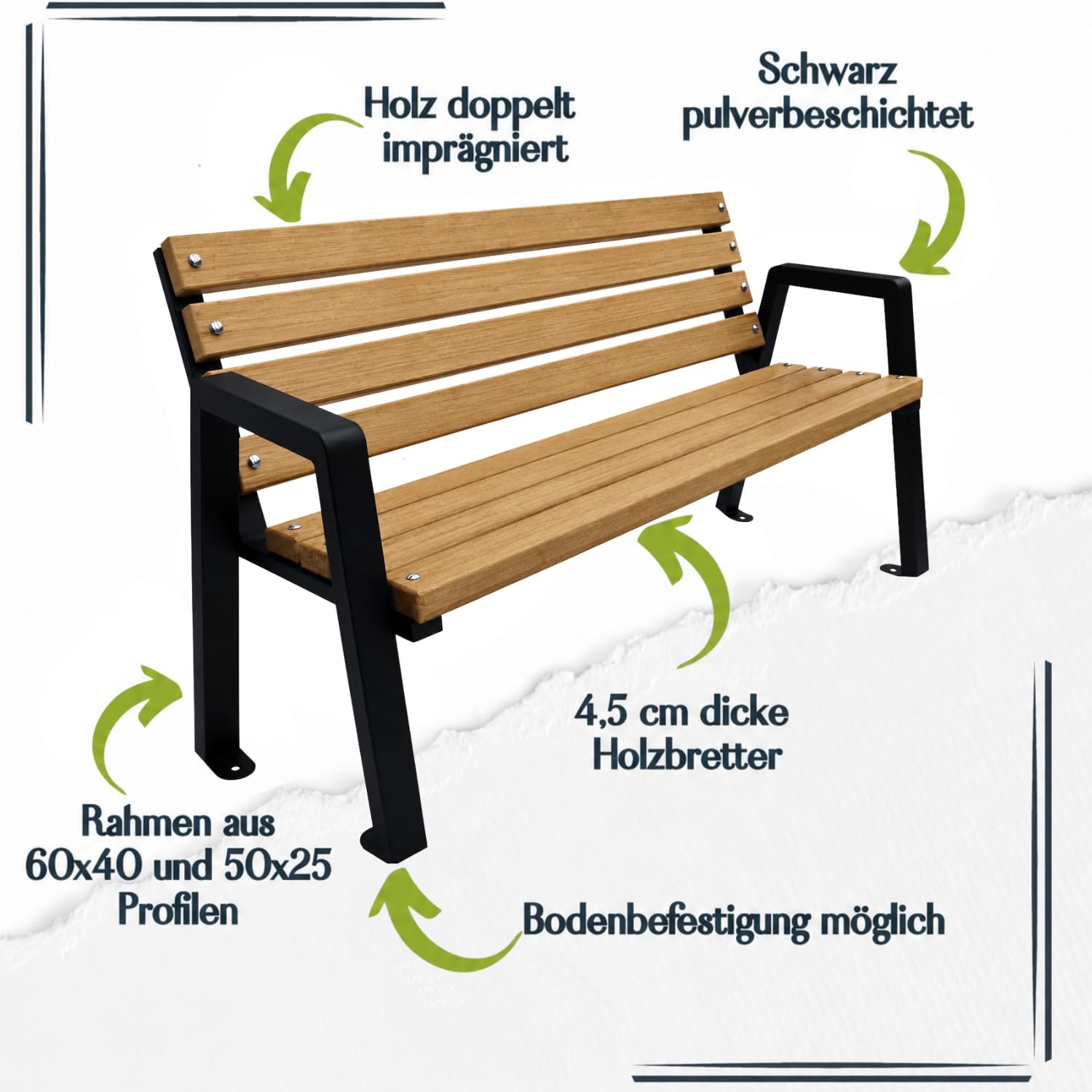 Gartenbank Holz mit Rückenlehne, 125 cm - Tik | Massives Fichtenholz & pulverbeschichteter Stahl, bis 500 kg, wetterfest, Sitzbank für Garten, Terrasse & Park, Moderno