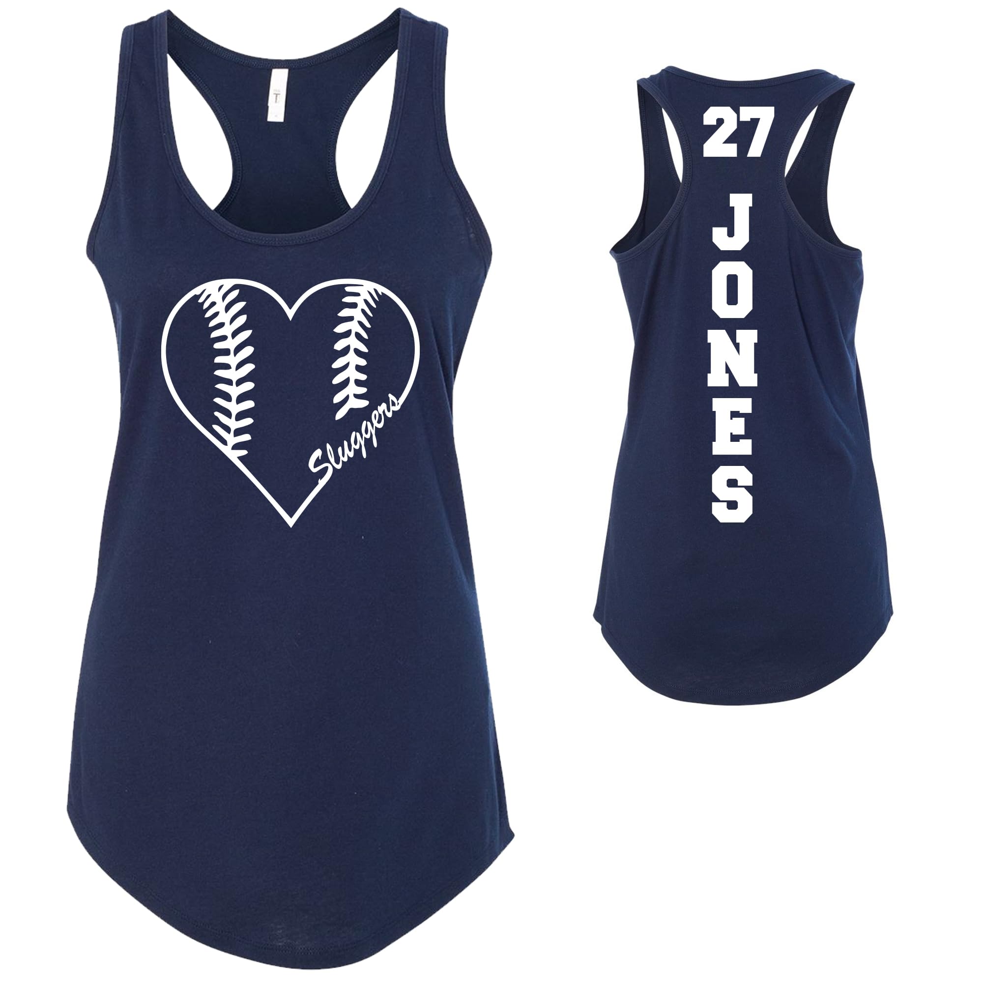 Custom Personalized Baseball Heart Cotton Women's Fitted Racerback Tank Top Personalized to Support Your Favorite Team and Player - 533.NVY/wht