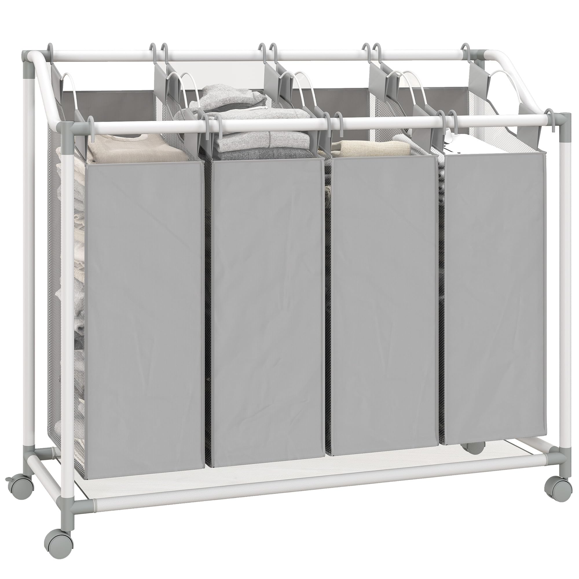 HOMCOM Panier à Linge Mobile 4 Compartiments 4 x 40L Gris | Corbeille à Roulettes, 4 Sacs Amovibles, Chariot Linge Sale, Buanderie, Chambre, Salle de Bain