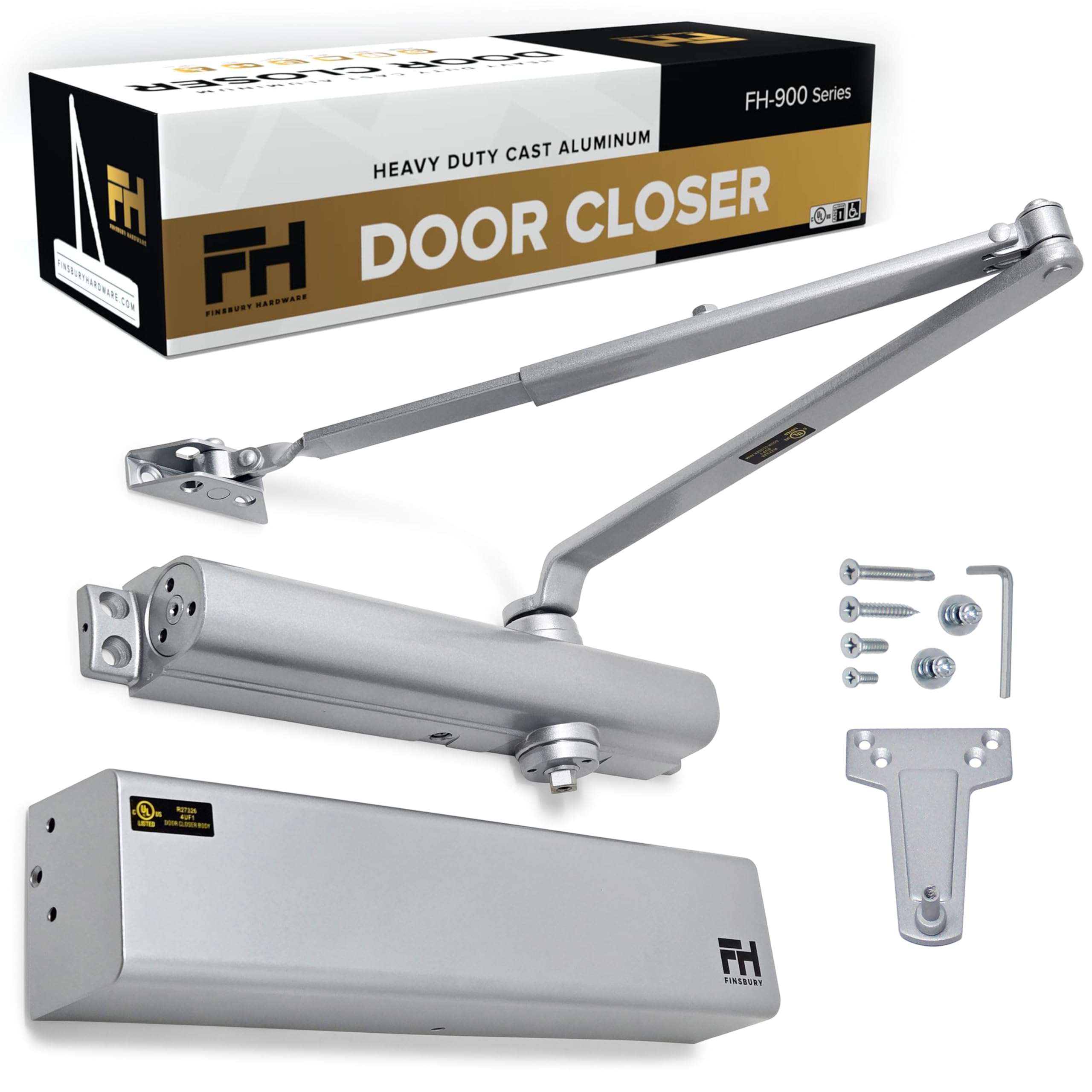 Finsbury Commercial Door Closer Automatic Heavy Duty High Traffic Adjustable ANSI/BHMA Grade 1, UL Listed ADA Compliant Hydraulic Backcheck Delayed Action Latch Speed 1-6 Power (Aluminum)