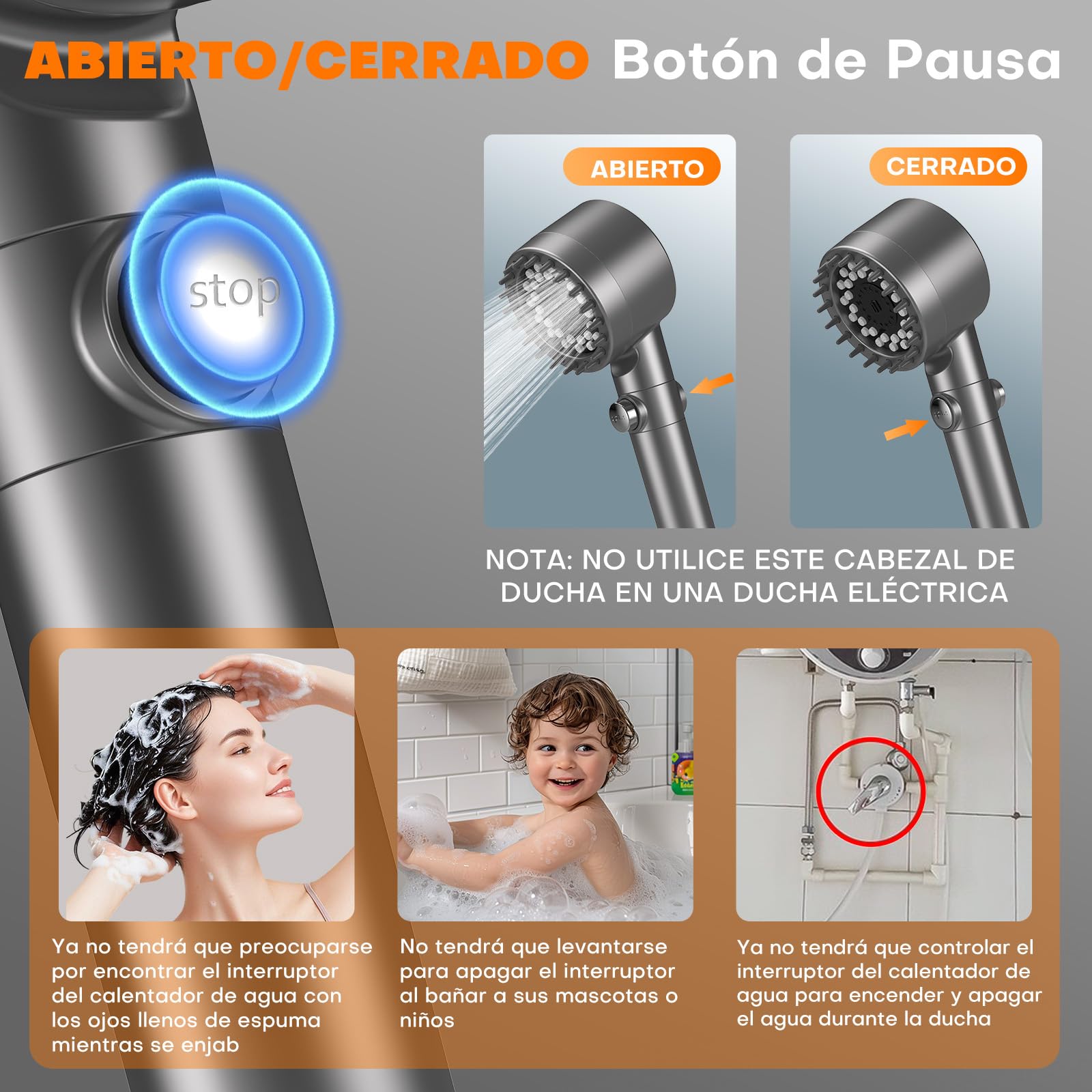 FEELSO Alcachofa de Ducha con Filtro de 15 Pasos, Alcachofa Ducha Alta Presión 4 Modos de Rociado, Cabezal Ducha Antical con Función de Parada, Elimina Cloro Residual y Apta para Agua Dura (Gris)