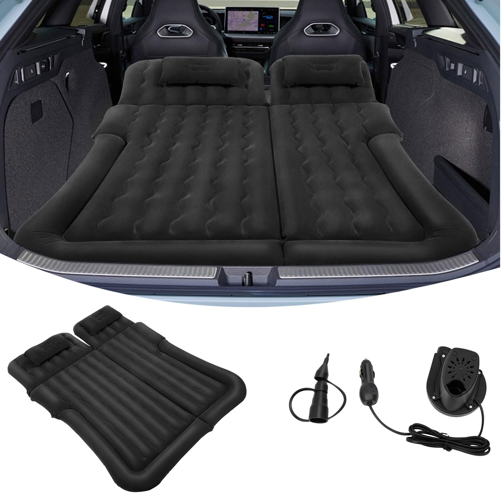 SUV Luftmatratze, Auto Aufblasbare Matratze mit Luftpumpe & 2 Kissen, Tragbare Doppelseitige Dickere Auto Bett für Camping, Reisen, Outdoor (Schwarz)