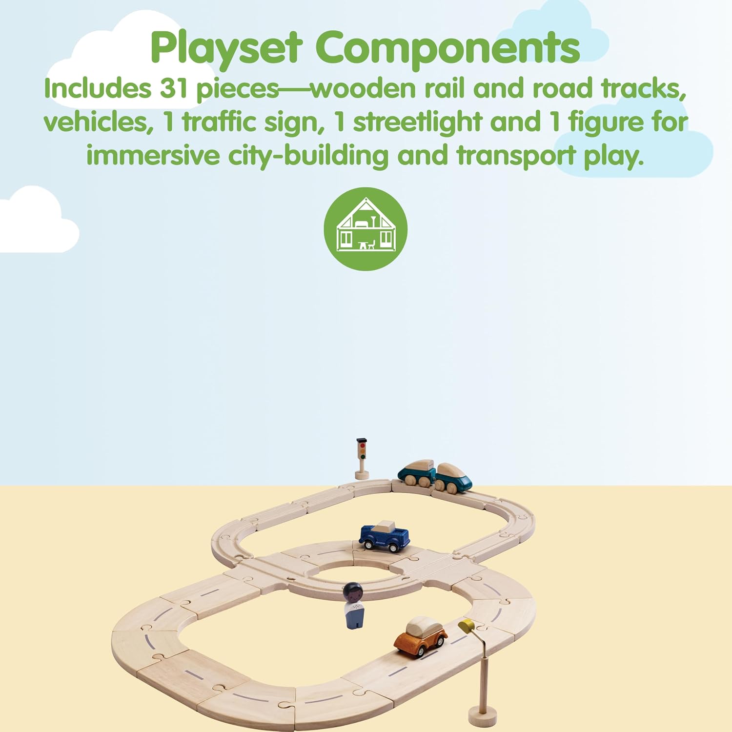 PlanToys® Wooden Car, Rail & Road Play Set | Montessori Vehicle Bundle with 5 Wooden Cars, Train Tracks, Road Pieces & Accessories | Eco Friendly Toy for Motor Skills, Problem Solving & Imaginative Pl image 3