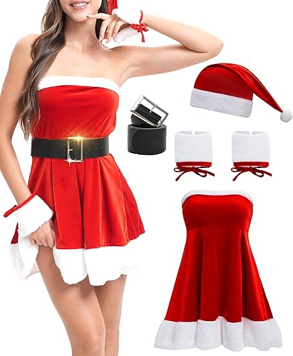 VYXIDEX Women's Christmas Lingerie Set 5 Piece Sexy Santa Babydoll Red Chemise with Accessories - Medium