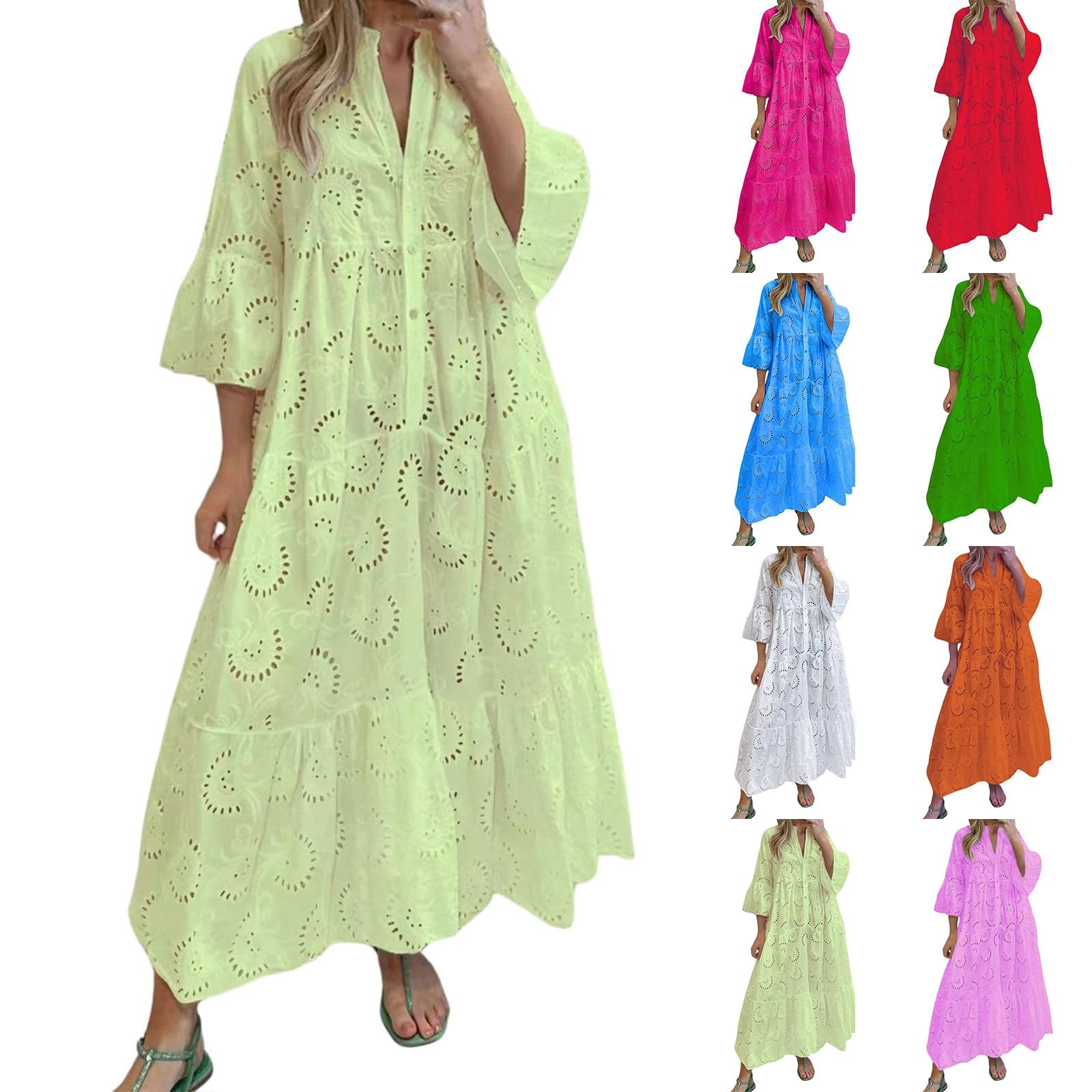 Shirtkleid Damen Sommer Lang Sommerkleid Elegant 3/4 Ärmel Blusenkleid Knopfleiste Casual Wickelkleid Leicht Bequeme Tunika Kleider Lockere Maxikleid Einfarbig Strandkleider Große Größen