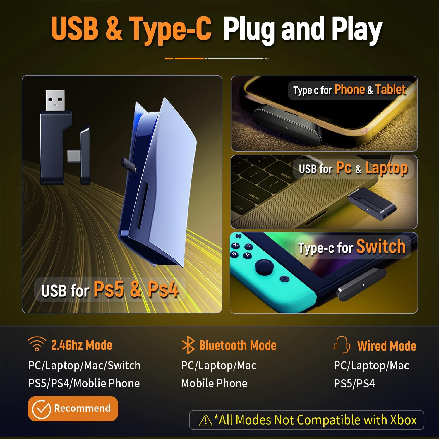 Ozeino Cuffie Gaming Wireless per PC, PS5, PS4, Cuffie con USB-A e USB-C audio lossless con microfono flip, Cuffie Bluetooth con batteria da 30 ore