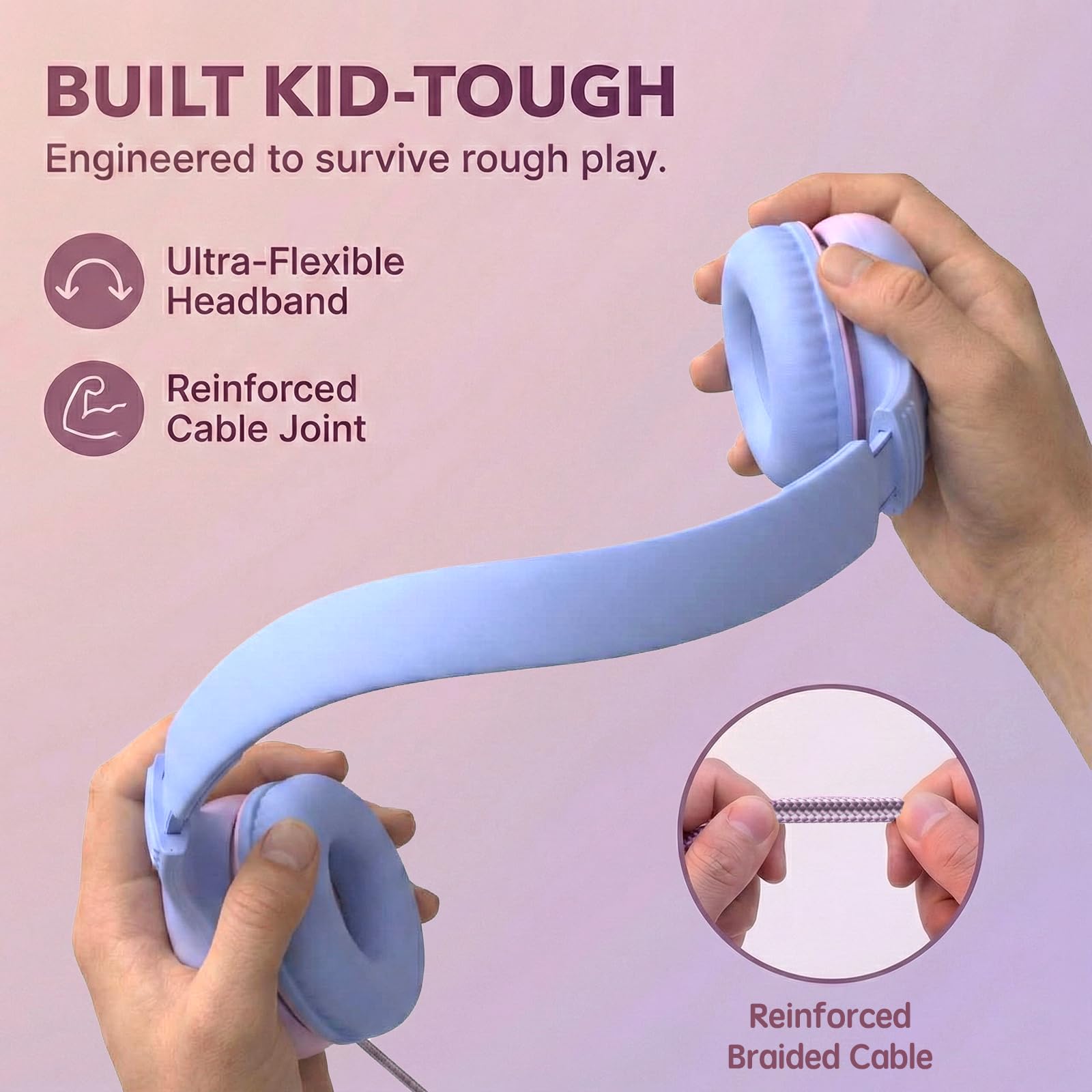 ADOOPE Cuffie cablate per bambini con spina USB C, volume sicuro 85 dB, archetto regolabile, senza grovigli, cuffie per scuola, tablet, viaggi (viola chiaro e rosa, senza microfono)
