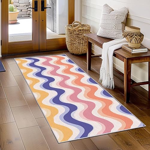 Colourful Wavy Runner Rug 4x12 - Hallway Runner Rug 70s Retro Wave Pattern, Non Slip, Washable, Colourful Wavy Home Decor Carpet for Kitchen,