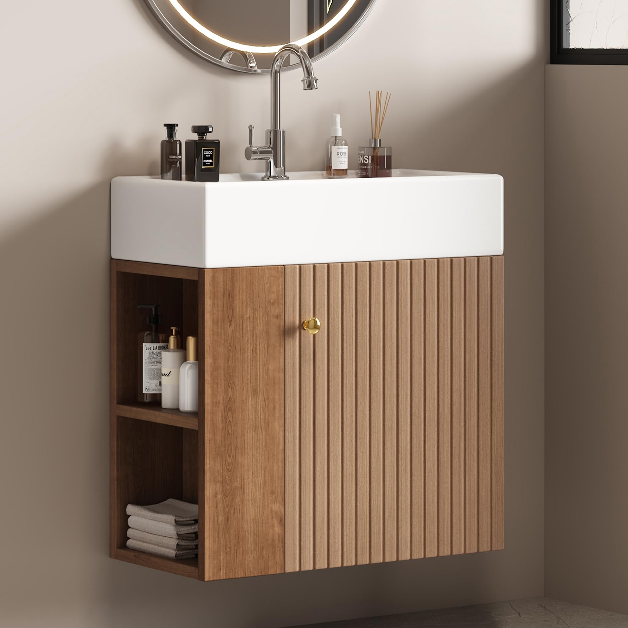 Lcoho Mobile da bagno con mobiletto lavabo, 55 cm, mobiletto per lavabo sospeso, bianco, piccolo mobile per il bagno degli ospiti