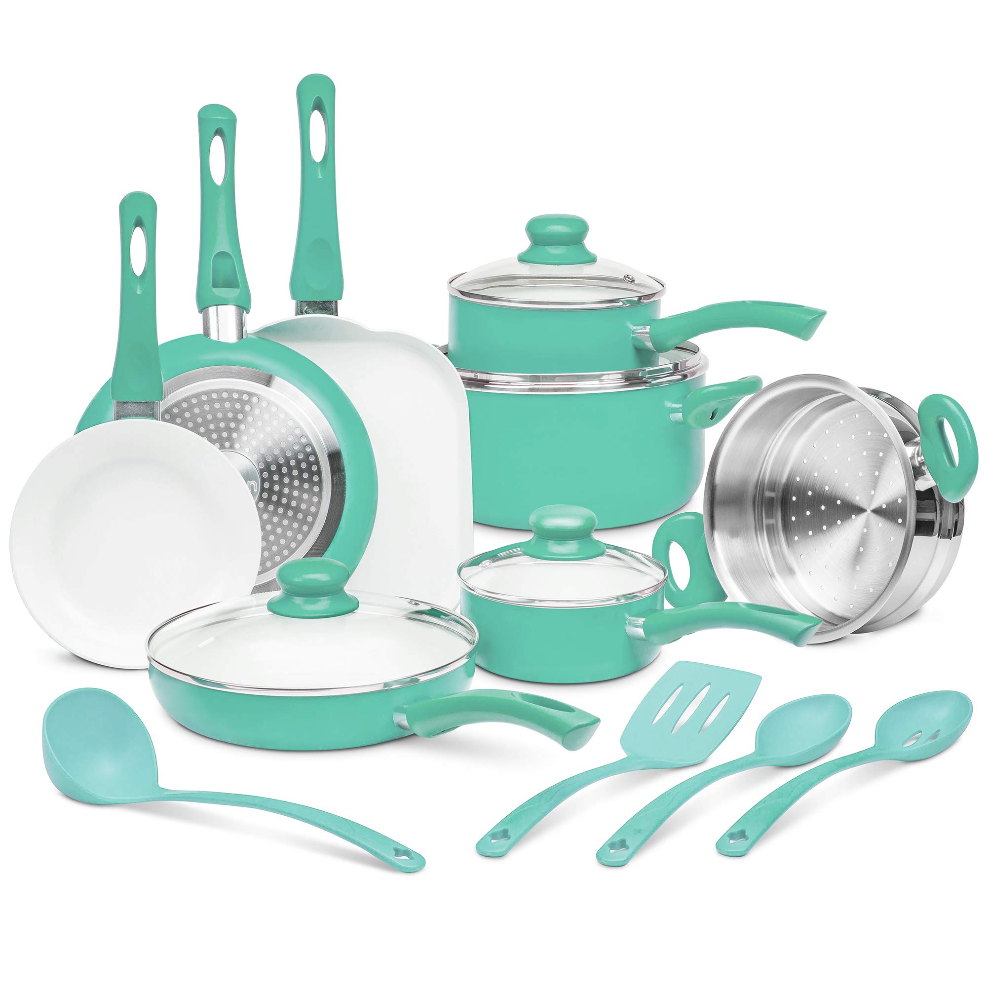 Ivation Ceramic Cookware | 16-Piece Nonstick Cookware Set with Induction Base, SoftGrip Handles & Clear Glass Lids | Compatible with Induction, Ceramic, Gas, Electric & Halogen Cooktops | Turquoise