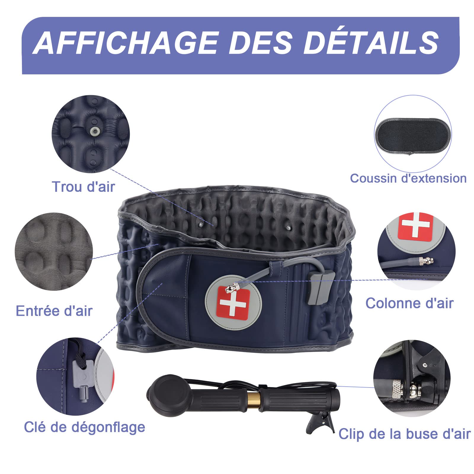 Ceinture lombaire gonflable de décompression pour le bas du dos pour soulager les douleurs lombaires – Dispositif de traction lombaire avec pompe à main, taille unique pour tour de 29-49