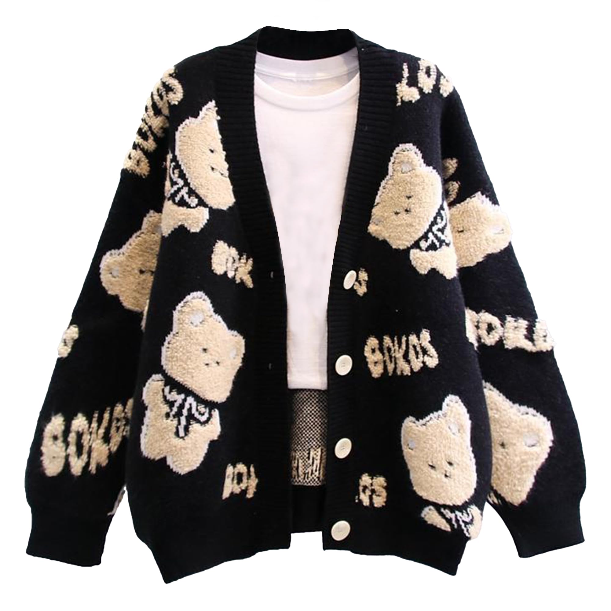 Chevara Womens Cute Bear Knitted Cardigan Long Sleeve Button Up Fuzzy Bear Cardigans Sweaters