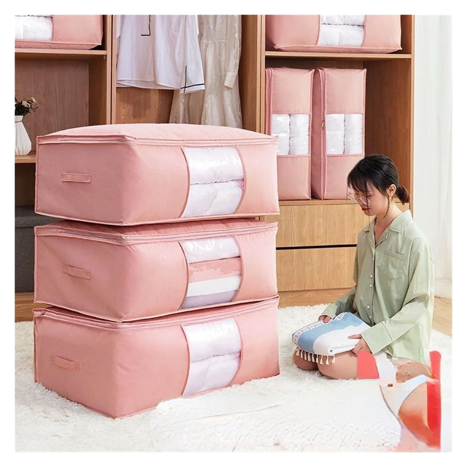 Aufbewahrungstasche 3 Stück faltbare Aufbewahrungstaschen for Kleidung, Vlies-Kleider-Organizer, Kleiderschrank-Organizer for die Aufbewahrung von Kissen, Steppdecken und Decken(Pink,3pcs S and M and