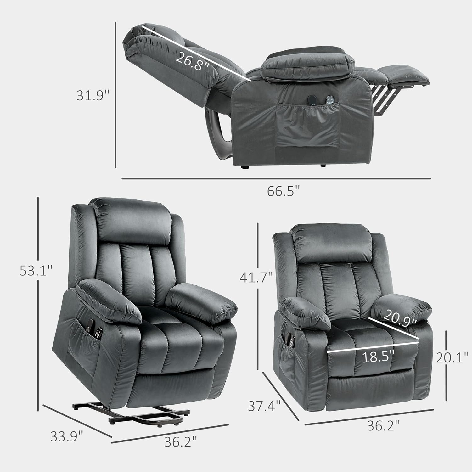 Living Room Power Lift Recliner Chair Wide Back Side Pockets Gray Bedroom Electric Lift Chair with USB Ports with Massage and Heat for Elderly