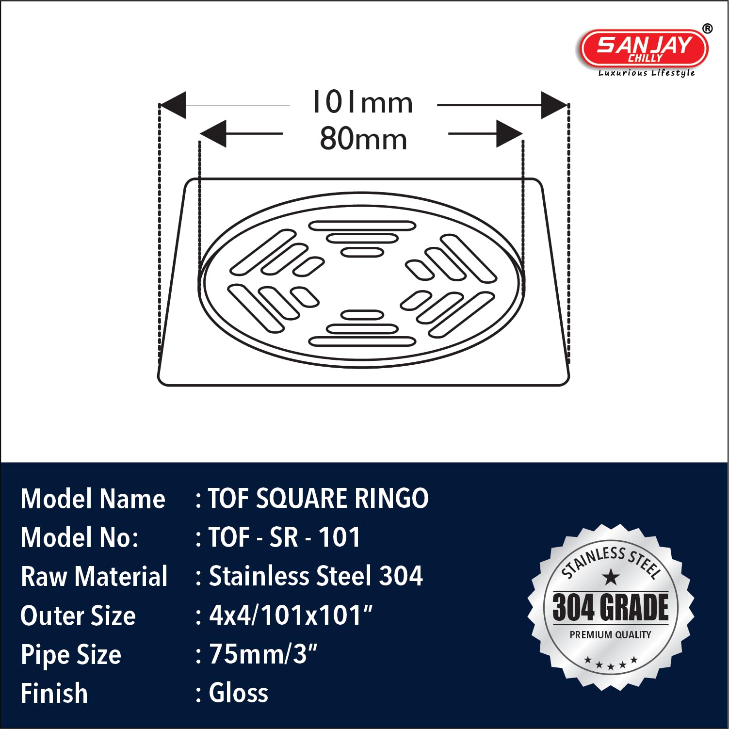 Sanjay Chilly Stainless Steel Floor Drain Sink Top Cover Jali 304 Grade for Bathroom Gratings Waste Water Drainer Strainer Anti Odor Bathtub Washbasin Toilet Washroom (Square Ringo 4 x 4 INCH Silver) 1