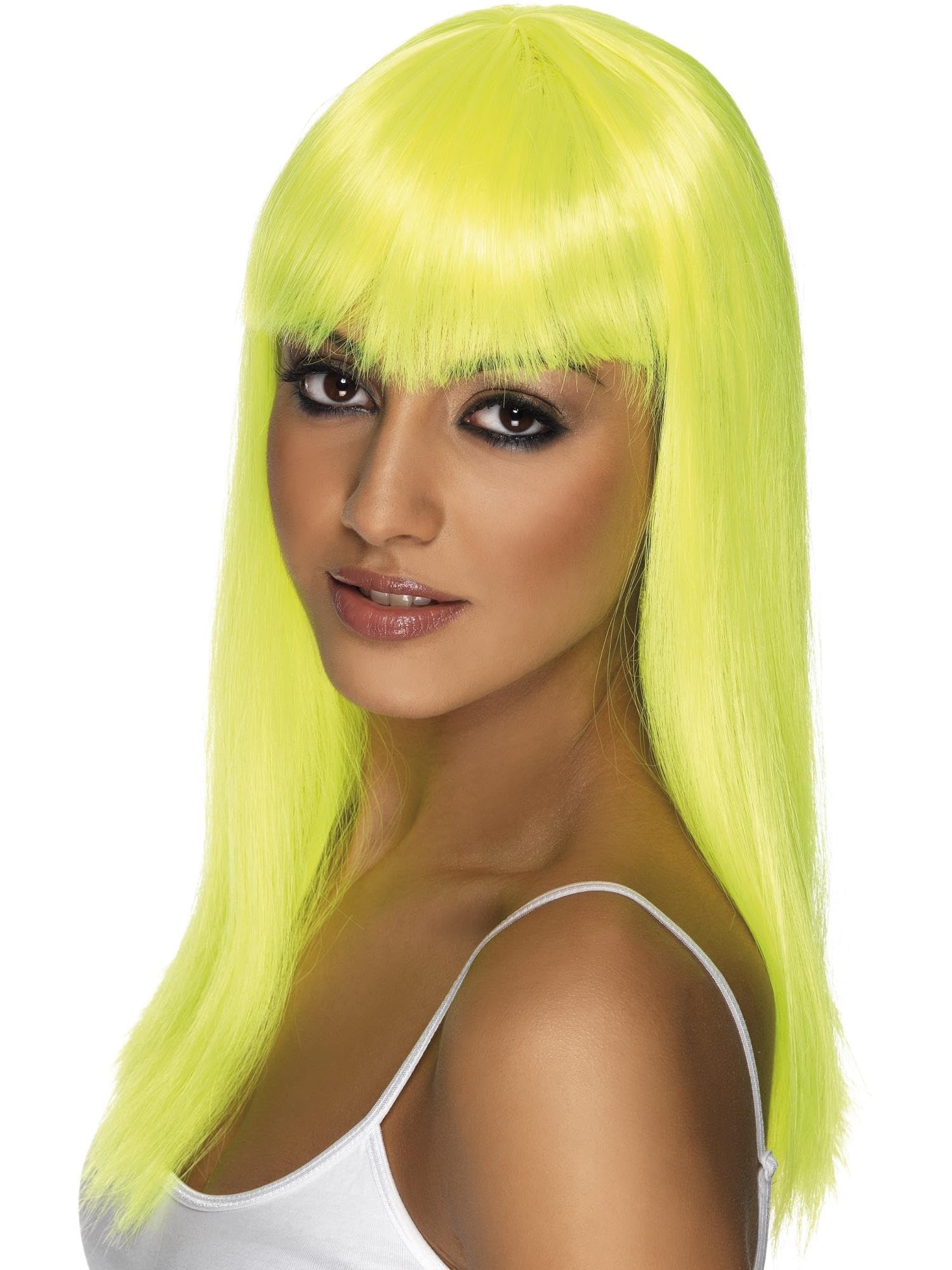 Smiffys Glamourama Wig, Neon Yellow Long, Straight with Fringe, Ladies Glamour Wigs Fancy Dress, Adult Dress Up Wigs