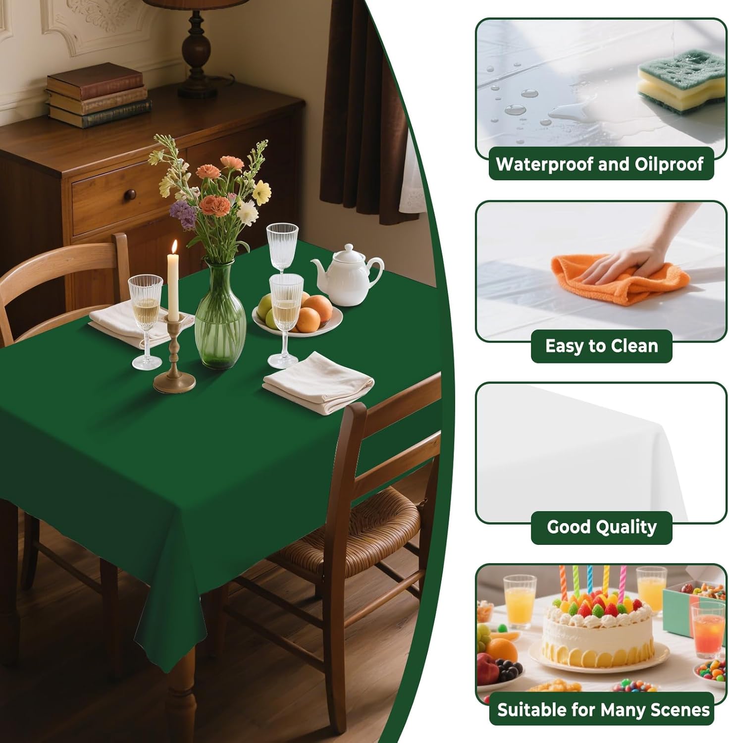 54IN X 160FT Plastic Table Cover Roll with Cutter Box, Cut to Size Plastic Table Cloths for Parties, Birthday, Disposable Tablecloth Roll for All Shape Tables (Green, 54 Inch X 160 Feet)