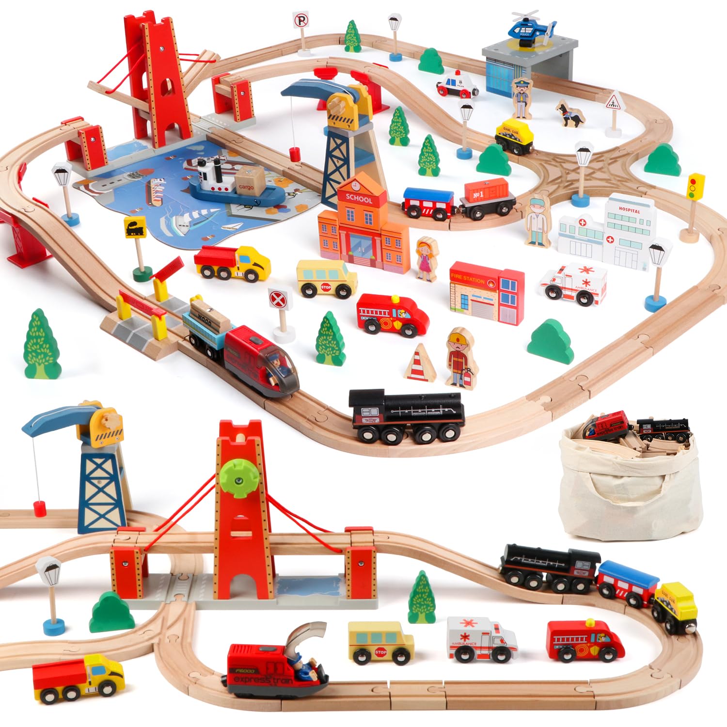 KABENFIS 121PCS Wooden Train Tracks Toys Port City Track Set for Girls and Boys