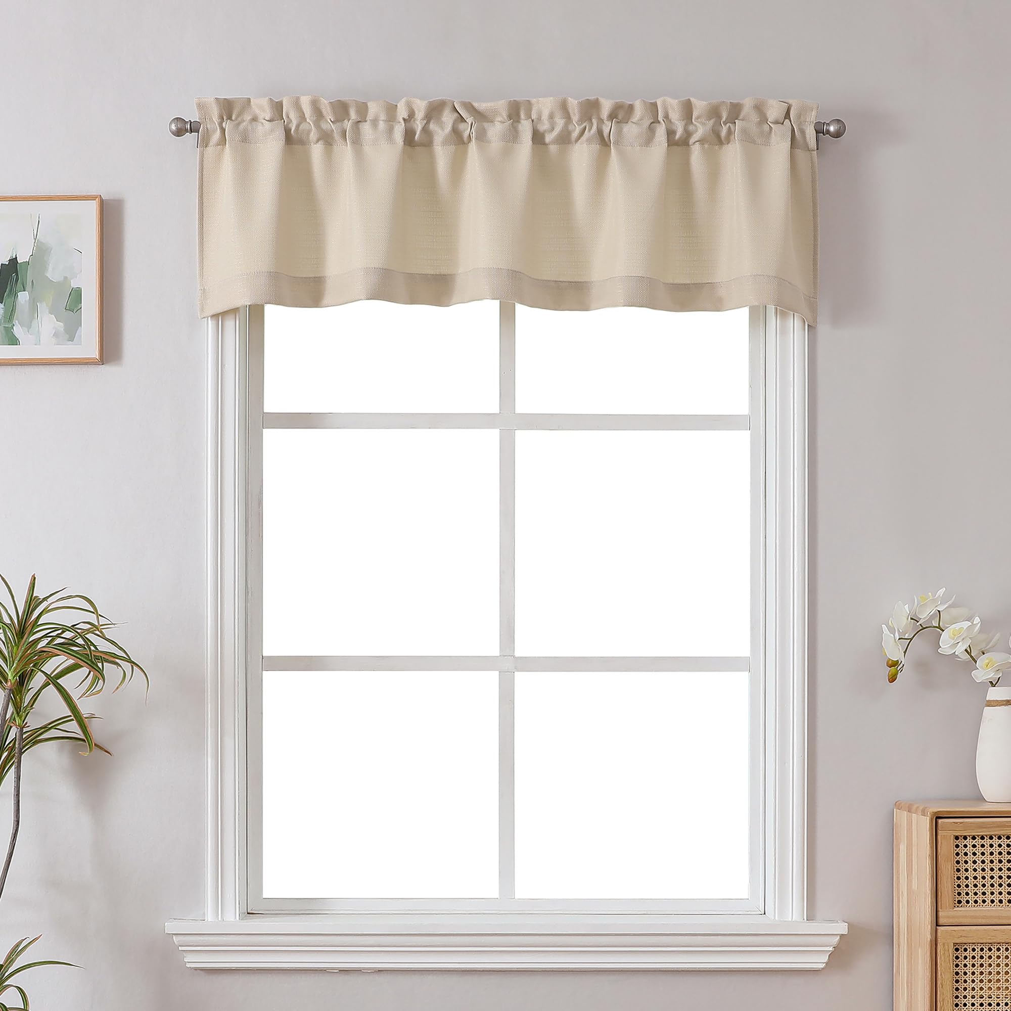 Chyhomenyc Valance for Windows, Light Filtering Faux Linen Solid Short Curtain Valance, Burlap Decorative Small Curtain for Kitchen Bathroom Laundry Basement, 60Wx12L inch, 1 Piece, Linen Color