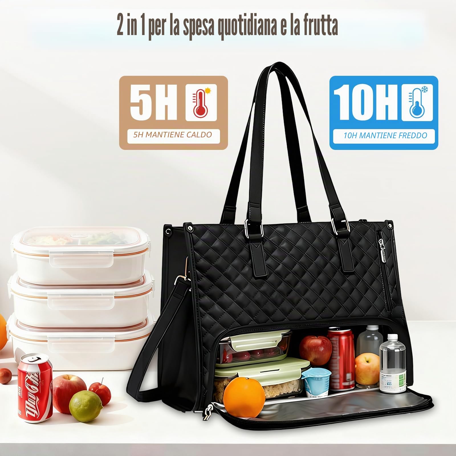Borsa Pranzo Donna 15,6 Pollici con Vano Termico, Borsa da Lavoro 2-in-1 per PC Portatile con Scomparto Isolato per il Pranzo, Tracolla Regolabile Lunga Nero