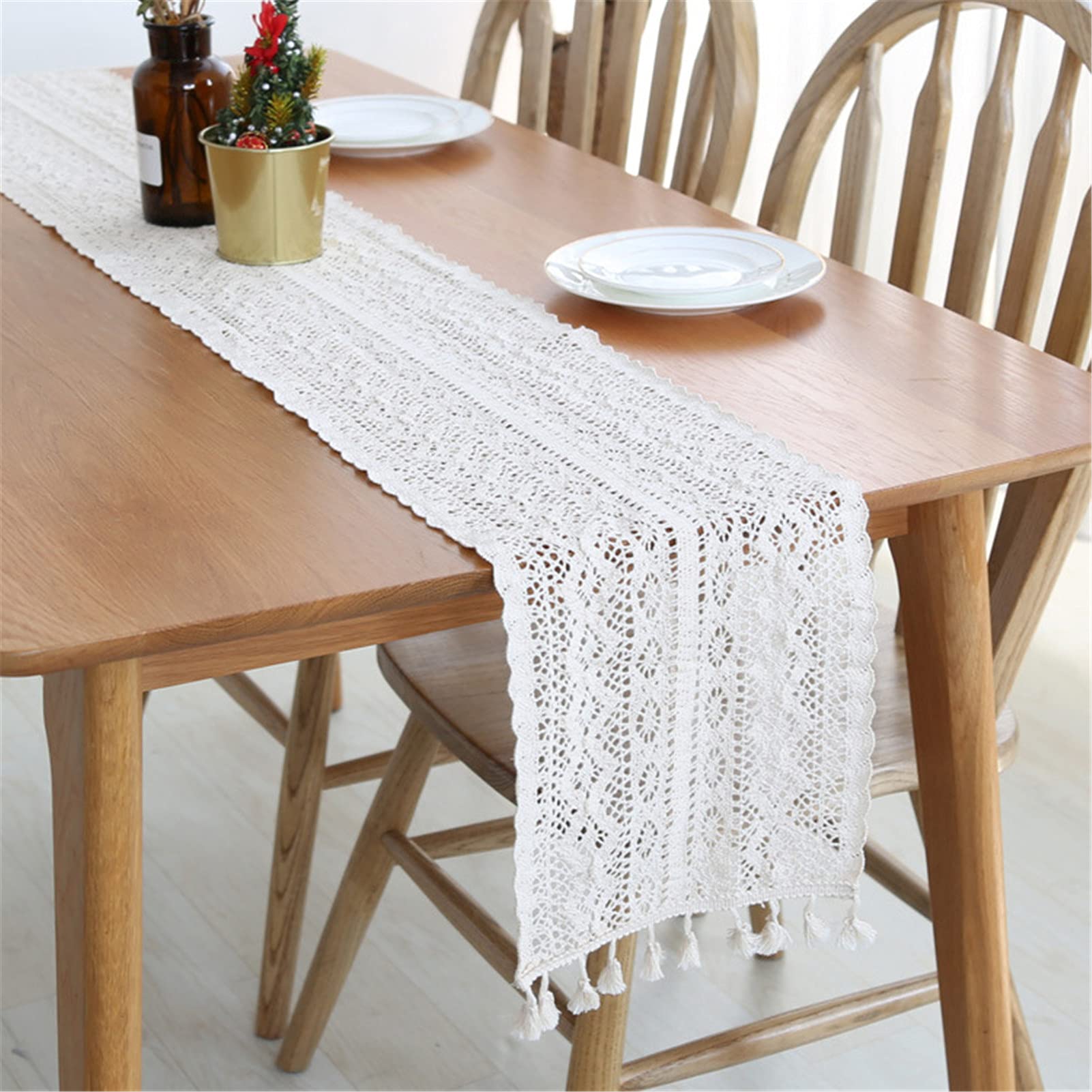Eleganter Makramee Tischläufer Mit Quasten Für Rustikales Hochzeits-/Party, Häkelspitze,Baumwolle Hohle Tischdecke Im Boho-Stil,Weiß,24x210cm