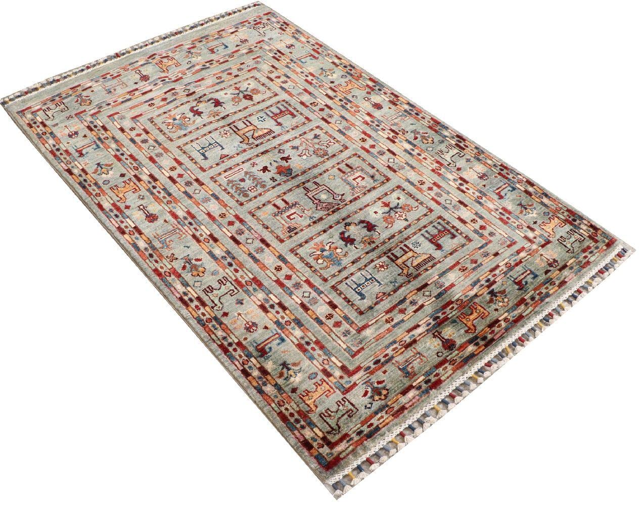 Afghan Ziegler Khorjin Ariana Teppich 100x150 Handgeknüpft Grau Gestreift Orient a
