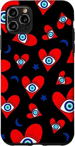 Funda para iPhone 11 Pro Max con diseño de mal de ojo, diseño de corazones de mal de ojo azul