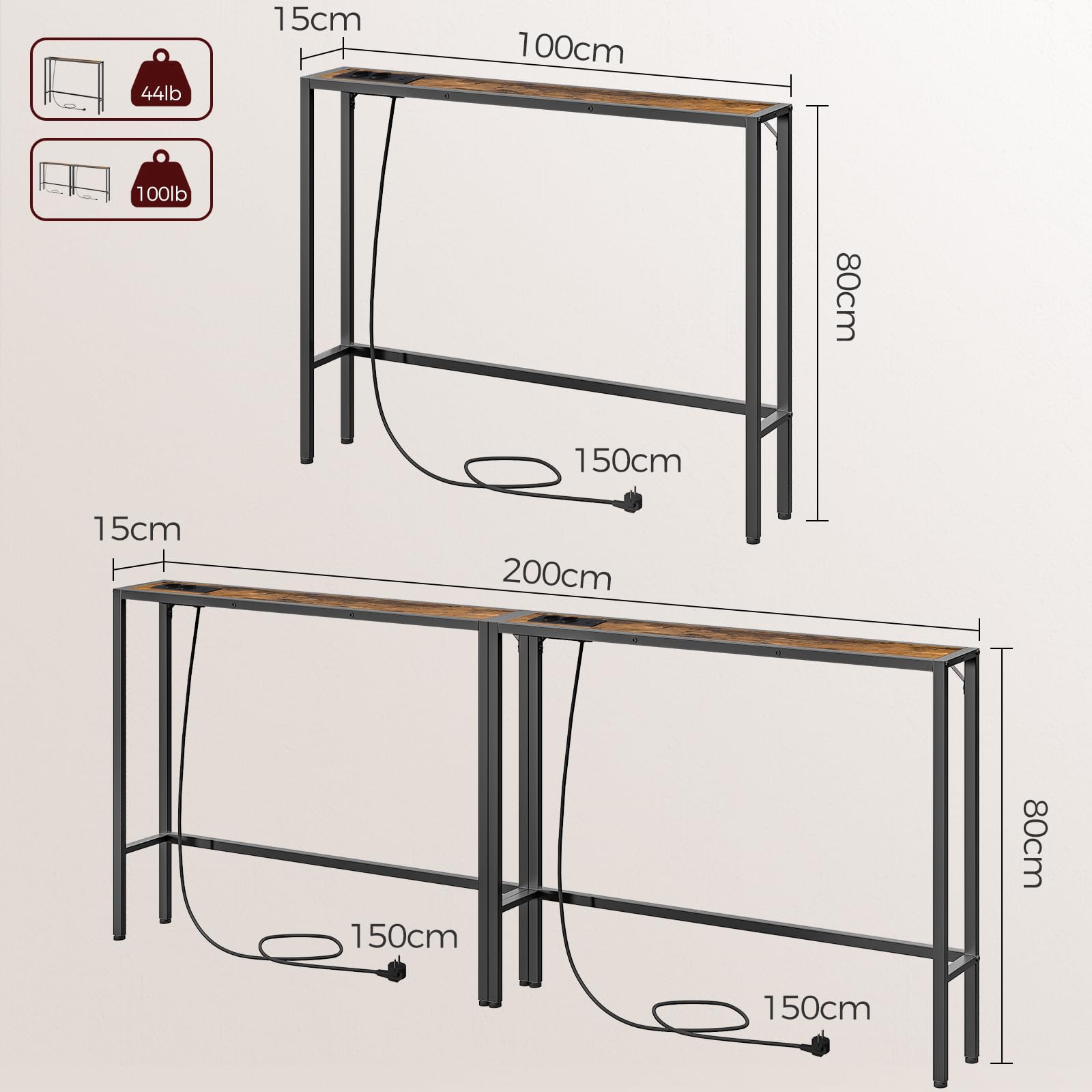 MAHANCRIS Table d’Appoint de 100 cm, Table d’Entrée avec Prises et Ports USB, Bout de Canapé étroit, Cadre Métallique, Pieds Réglables, pour Couloir, Salon, Chambre, Marron et Noir ACTHR968UE01S2