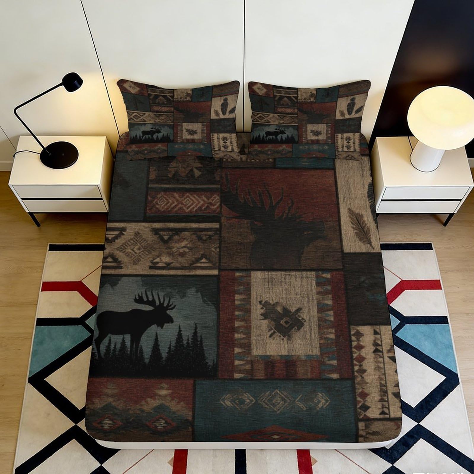 3D Printed Forest Moose Fitted Sheet Microfiber Rustic Lodge Patchwork Mattress Cover for Bedroom Guest Room Decor 200x200x25cm