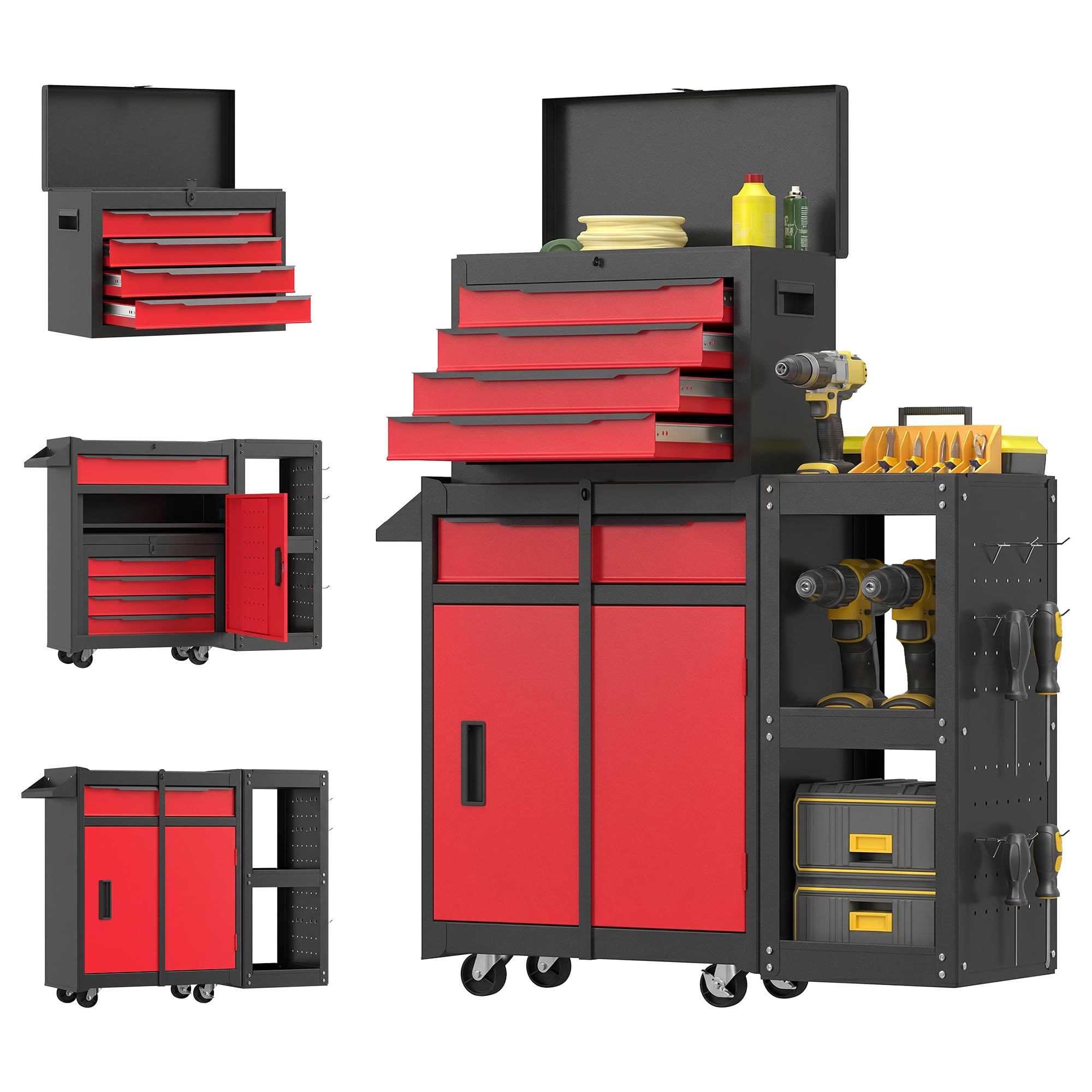 HOMCOM Carro de Herramientas con 5 Cajones 3 en 1 Cerradura Negro y Rojo | Caja de Taller Metálica, Soporte Lateral, Armario Inferior, Paneles Perforados, Asa, 2 Ruedas con Freno de Bloqueo