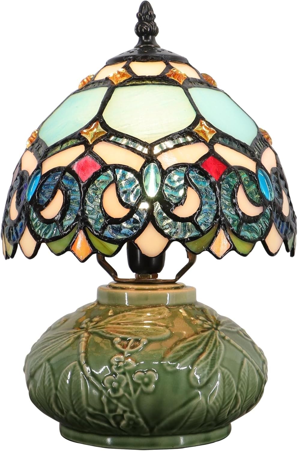 ZR98US 11-inch Stained Glass Mushroom Lamp with Ceramic Base Bedroom, and Dining Table Decoration Suitable for Living Room, Dormitory, Office,(Tulip Style)